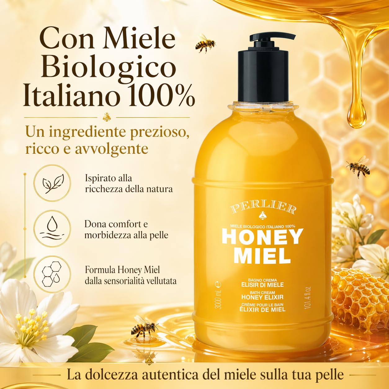 Perlier Honey Miel Bath Cream Miele - włoski miód organiczny 100% - 3000 ml z dozownikiem