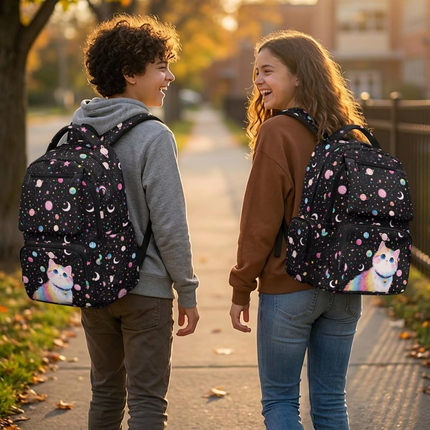 doginthehole Cute Cats Backpack for Girls Universe School Bag with Lunch Box 4 Piece Lightweight Girls Bookbag Ages 8-10 for Elementary School Preschool Kids 17inch Book Bags