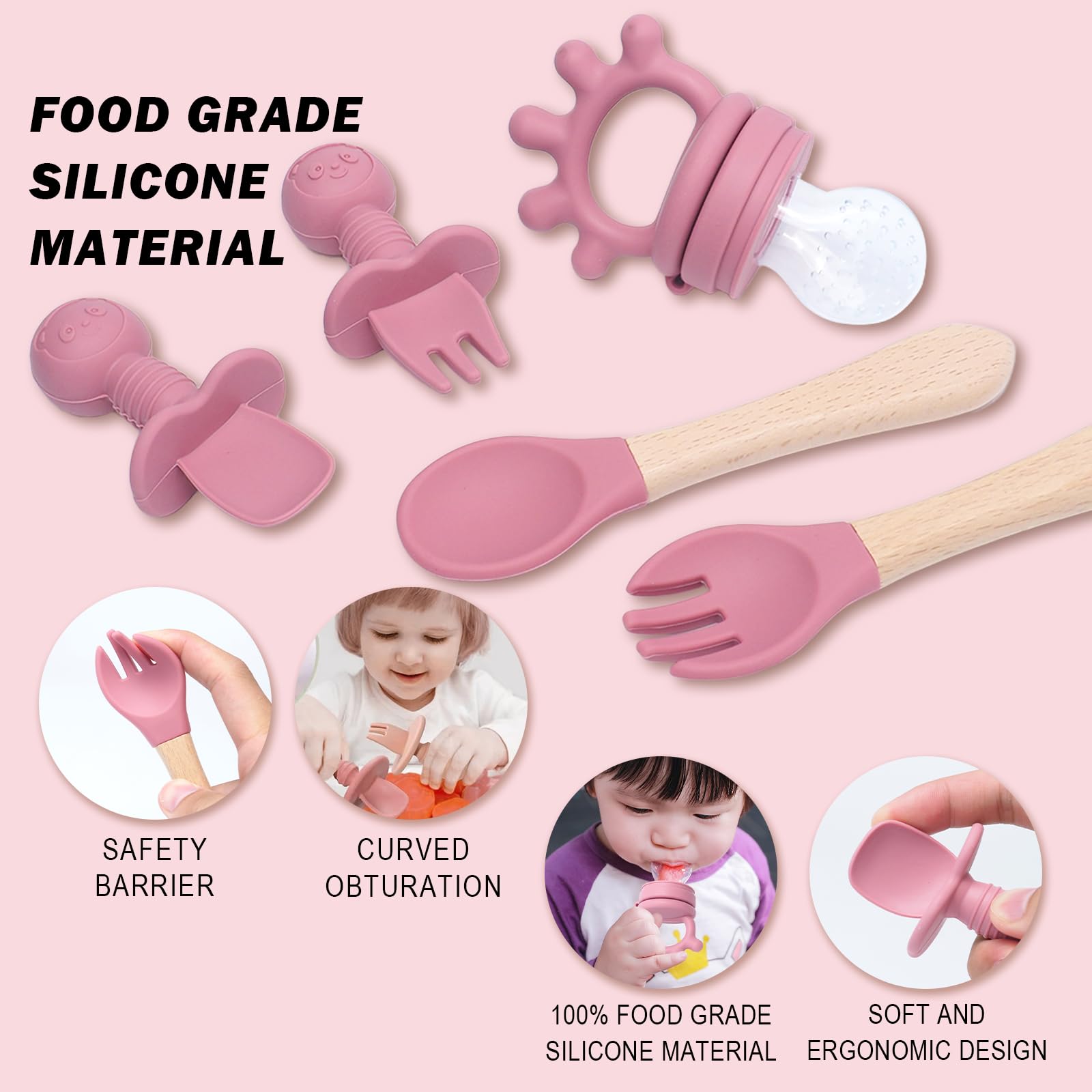 Juego de 10 piezas para beber y comer, silicona, plato ventoso, babero, tenedores, para destetar (rosa)