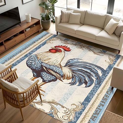 Miniatura 11 de 7ft Round Rug, Retro Rooster Non-Skid Rubber Backing Large Area Rugs - Living Room Bedroom Home Office, Striped Farmhouse Watercolor Animals Indoor