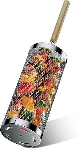 Cesta de parrilla rodante, cesta de parrilla de acero inoxidable 304 con mango de madera extraíble, herramienta de barbacoa y accesorio para ahumar