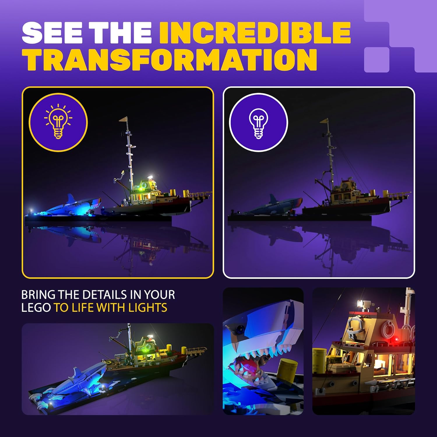 Light My Bricks Light Kit for Lego Jaws #21350 |LED Lighting Kit Compatible with Jaws Lego Set| Adds Realistic Ambience to Your Boat Display (Set Not Included)