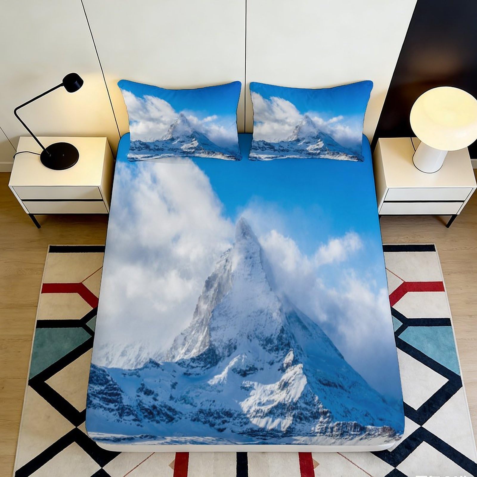 Pnayamiorkfel Style-4 3D Printed Snow Mountain Fitted Sheet Microfiber Soft Blue Sky Mattress Cover For Bedroom Guest Room Decor 90X200x25cm