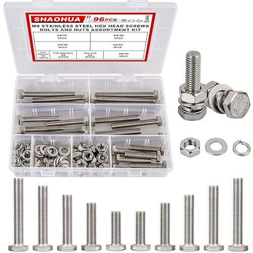 SHAOHUA Kit surtido de 96 tuercas y pernos  M8 x 405060703.150 in  Pernos hexagonales de acero inoxidable 304 resistentes, tuercas planas y