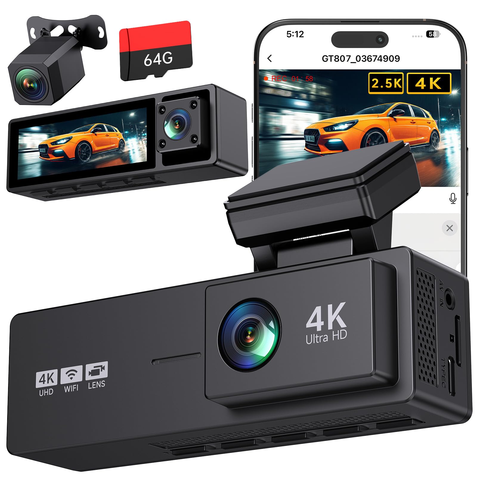 4K 3 Channel Dash Cam Front and Rear Inside