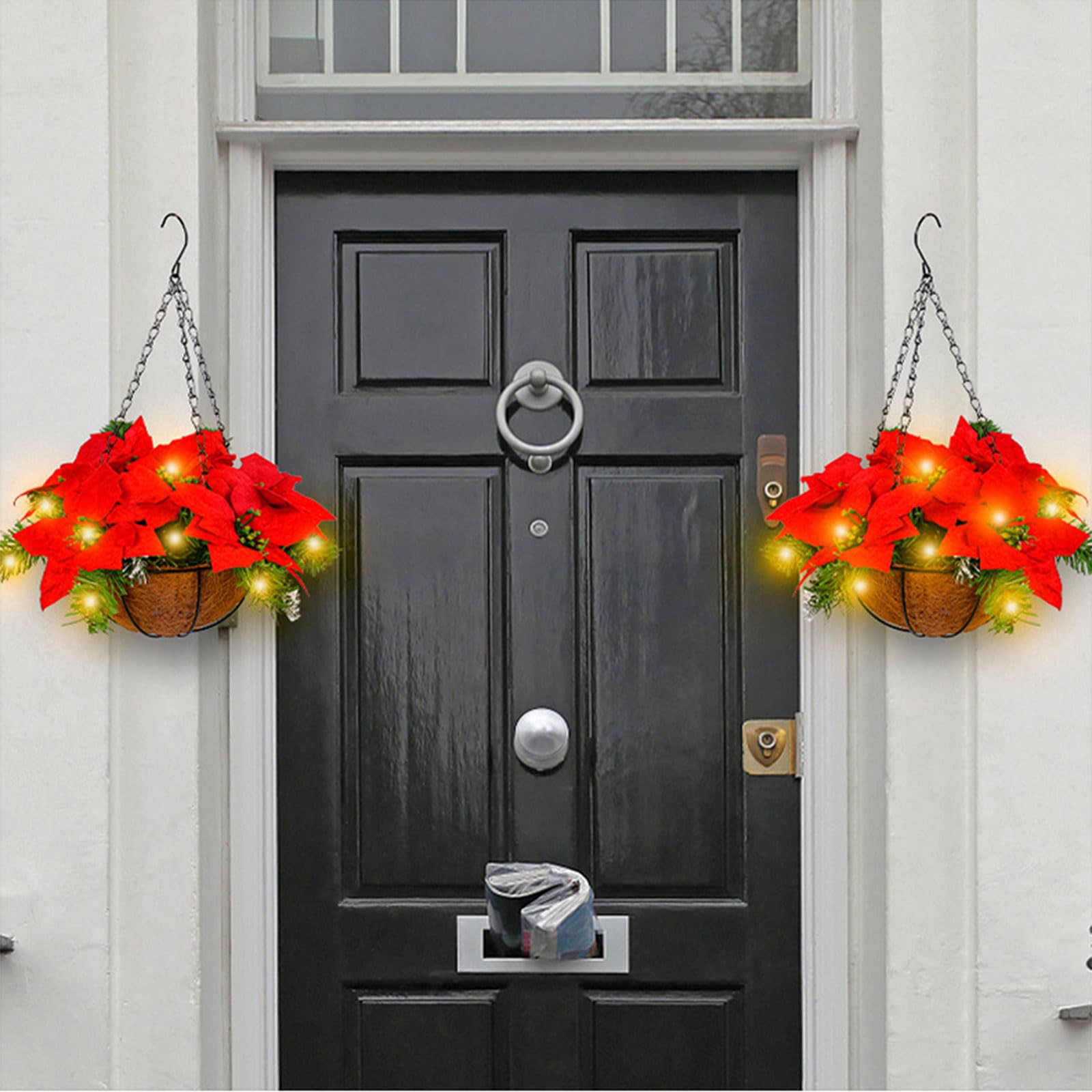 Festive LED Artificial Poinsettia Floral Arrangement Hanging Basket Red Flowers For Home Christmas Decoration Red Flowers For Christmas Decor