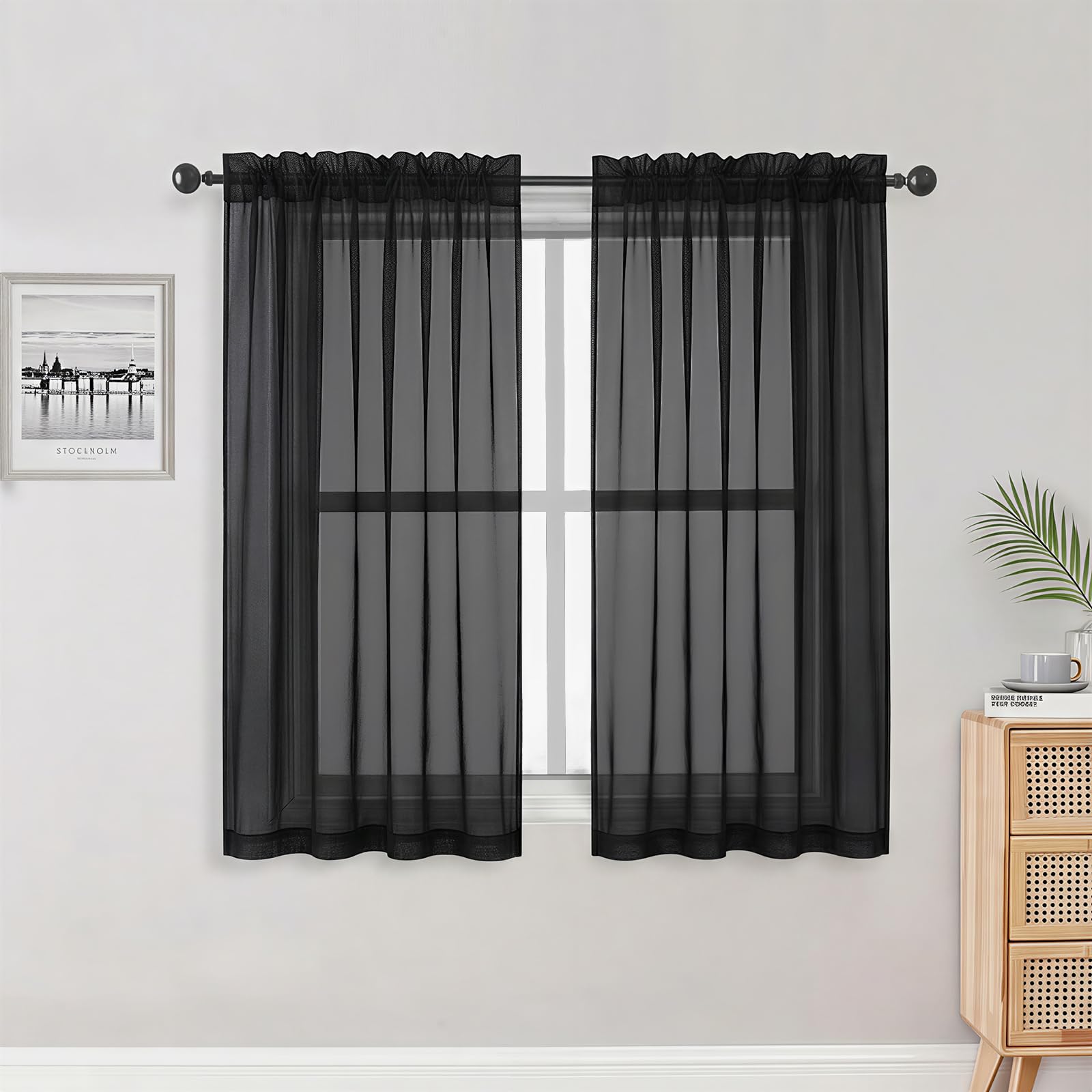 Sheer Black Curtains 84 Inch Length 2 Panels Set for Living Room Bedroom, Rod Pocket Voile Sheer Panel Drapes, Black, 2pcs, Each 42" W x 48" L