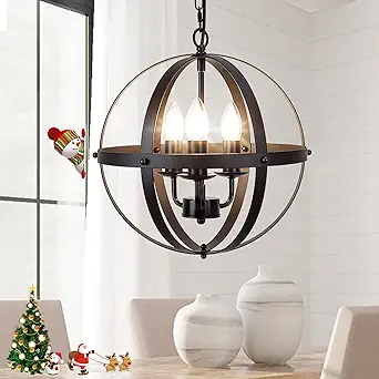 DLLT Vintage Pendant Hanging Light, Flush Mount Ceiling Chandelier Lamp with Metal Spherical Shade for Kitchen, Dining Room, Living Room, Hallway, Bedroom, Entryway 3-Light, E12 Base-Matte Black
