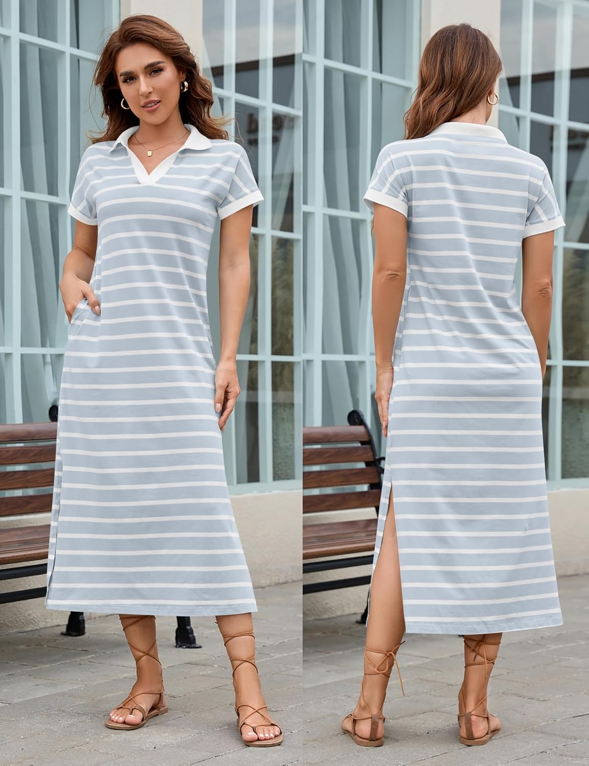 LOMON Women's Casual Vacation Dresses Striped Maxi Cruise Outfits Pocket Long Dress Summer Short Sleeve Split Dresses - Image 4