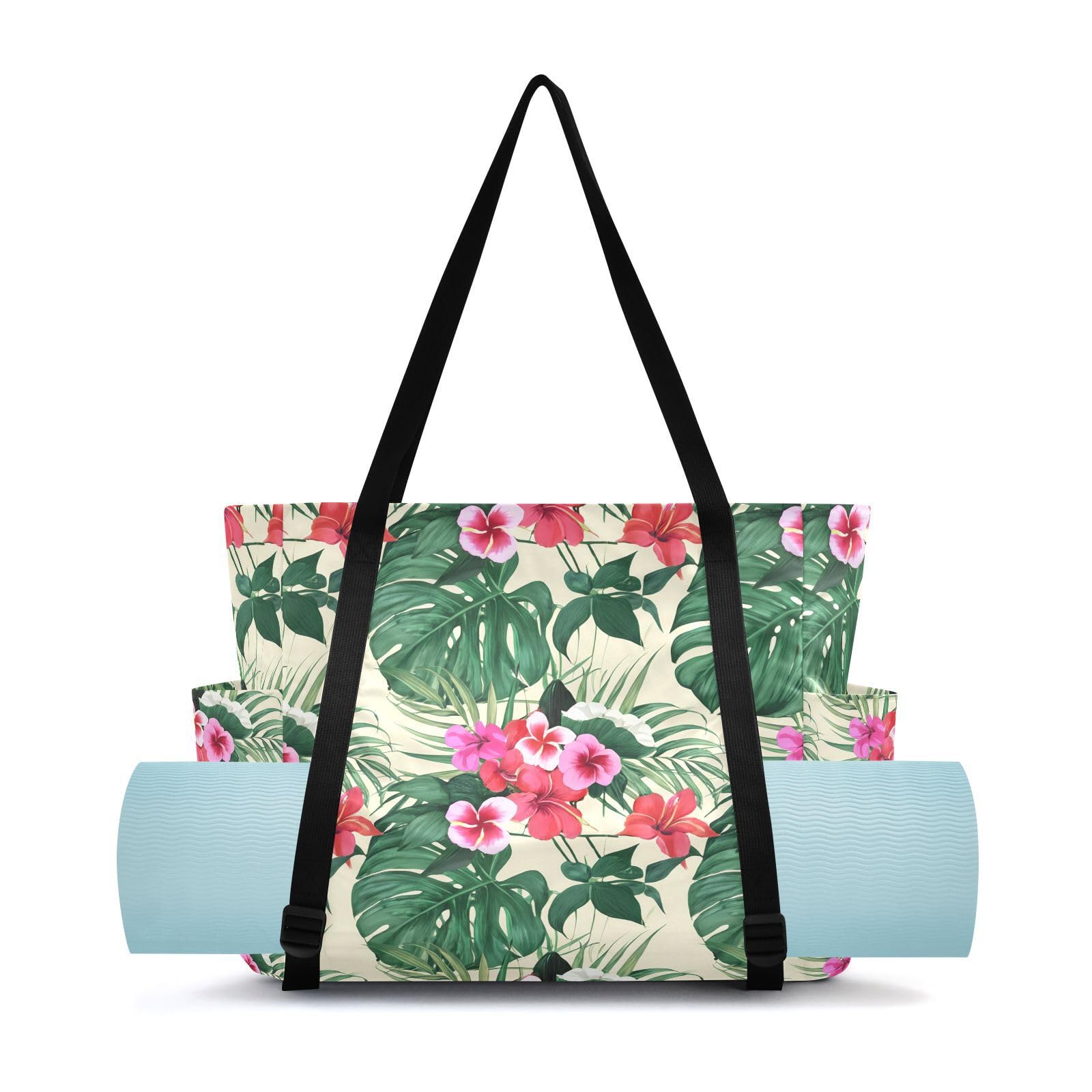 Lxqimora Leaves Flowers Beige Vivid Yoga Mat Bag for Women Water-Resistant Gym Bag with Yoga Mat Holder Tote Bag for Gym Pilates Travel Yoga