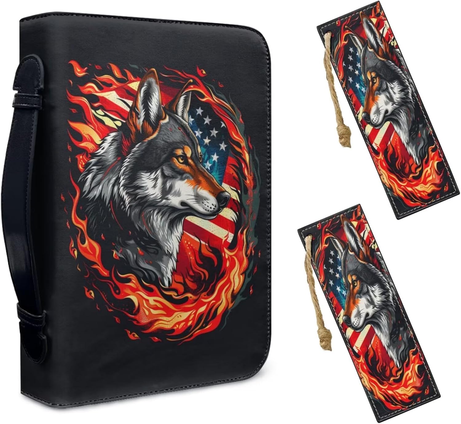 Lotusorchid American Flag Wolf Church Bible Bag for Men, Bible Carrying Case Church Bible Bag for Study, Waterproof Bible Book Cover with 2 Leather Bookmark, Black and Red, Size 2XL