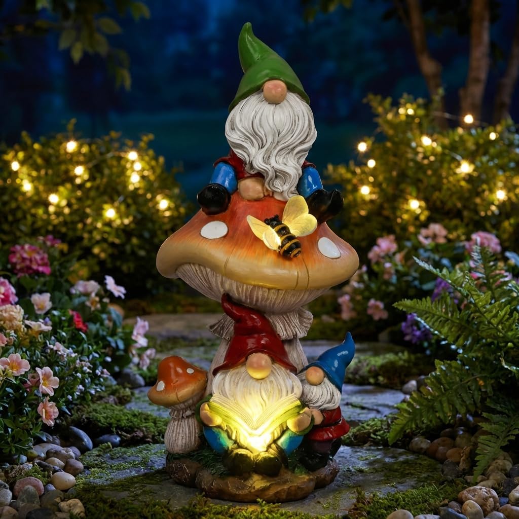 TERESA'S COLLECTIONS Garden Gnomes Statues Decorations for Yard with Solar Lights, Resin Gnome on Mushroom Reading Garden Decor Outdoor for Patio Lawn Ornaments,Ideal Gifts for Mom, 12.6"