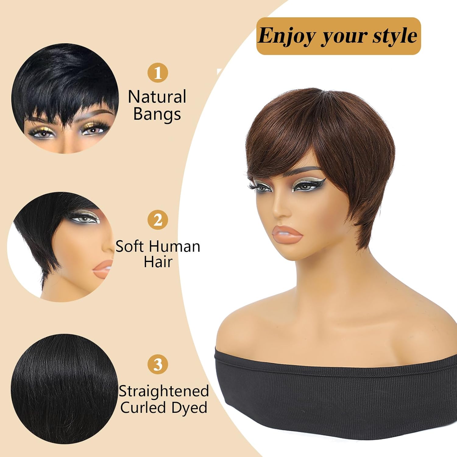 Glueless Human Hair Wigs Short Blonde Pixie Cut 150% Density Machine Made Lightweight for Black Women Daily Use (Brown,6")