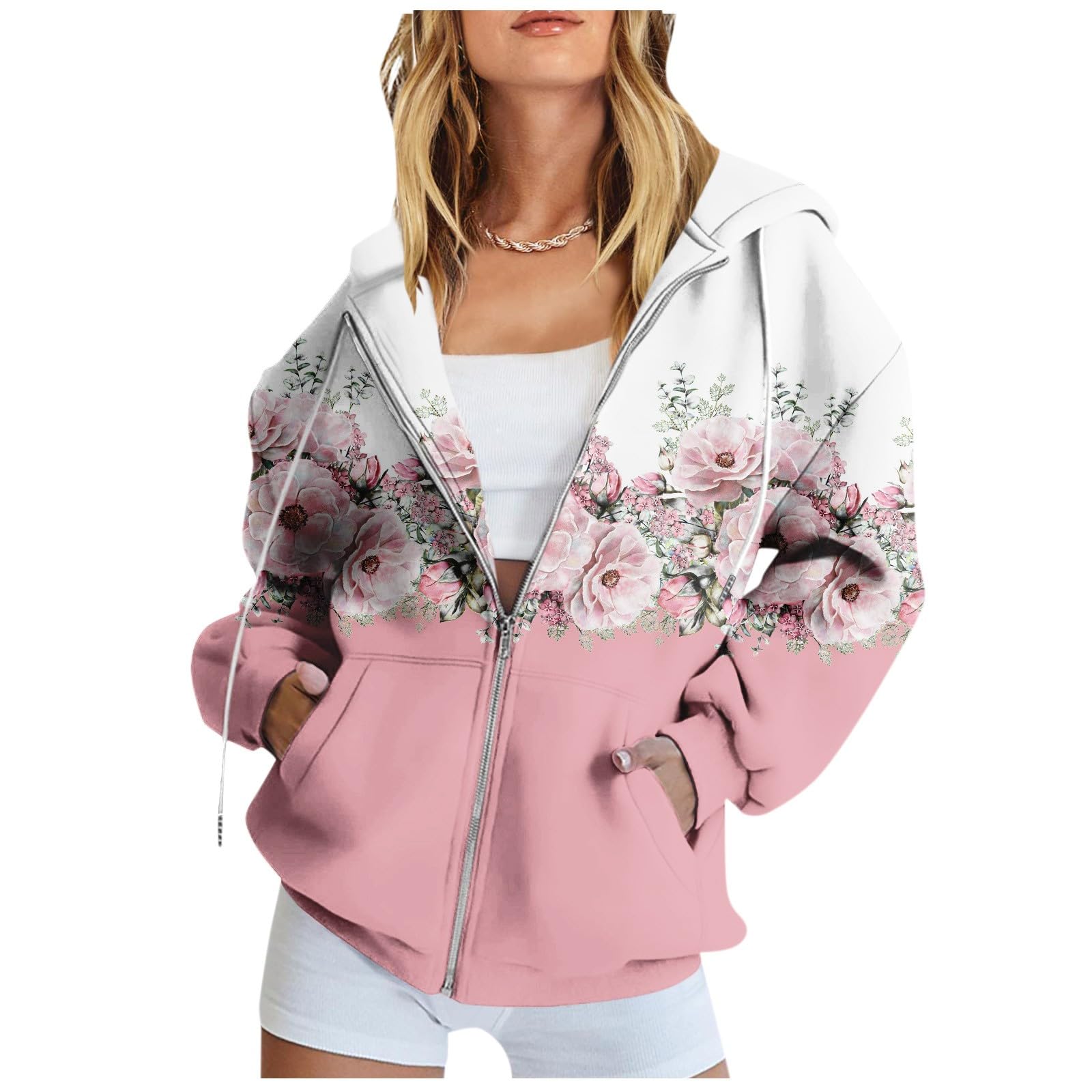 Saymany Hoodie Damen Oversize Blumen Drucken Langarm Casual Herbst Winter Sportjacke Übergangsjacke