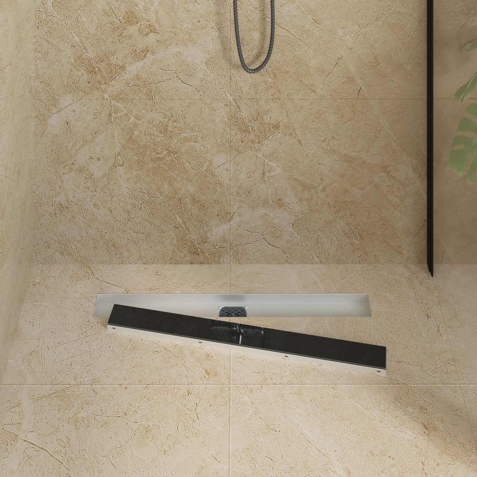Duschabfluss Schwarz aus Edelstahl 304 mit Glashülle, 360° Siphon und Geruchsverschluss, 70 x 11 cm, höhenverstellbar 0-30 mm, fliesenfähig für Dusche und Bad