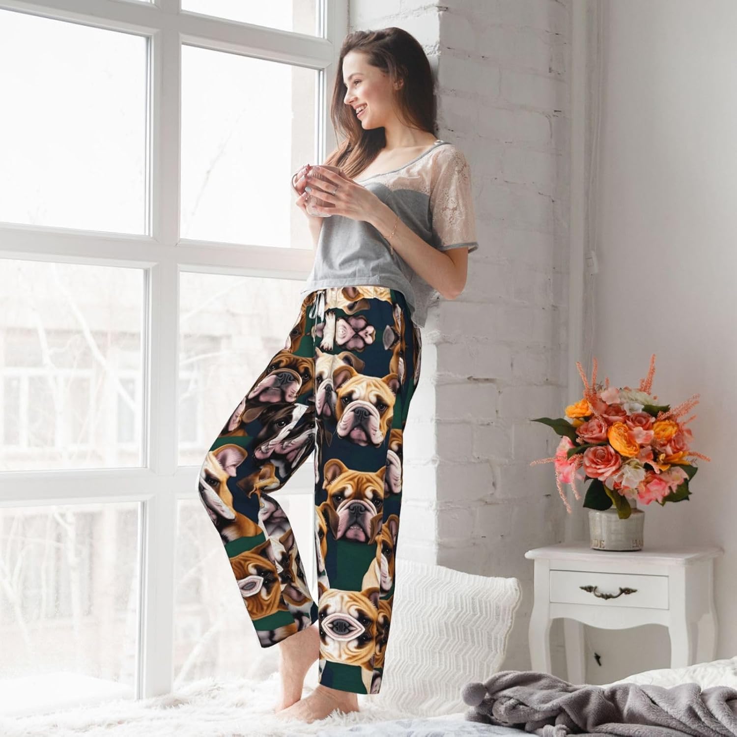 Cute English Bulldog Print Cozy Flannel Pajama Pants For Women,Warm Christmas Pj Pants,Cute Fleece Pajamas