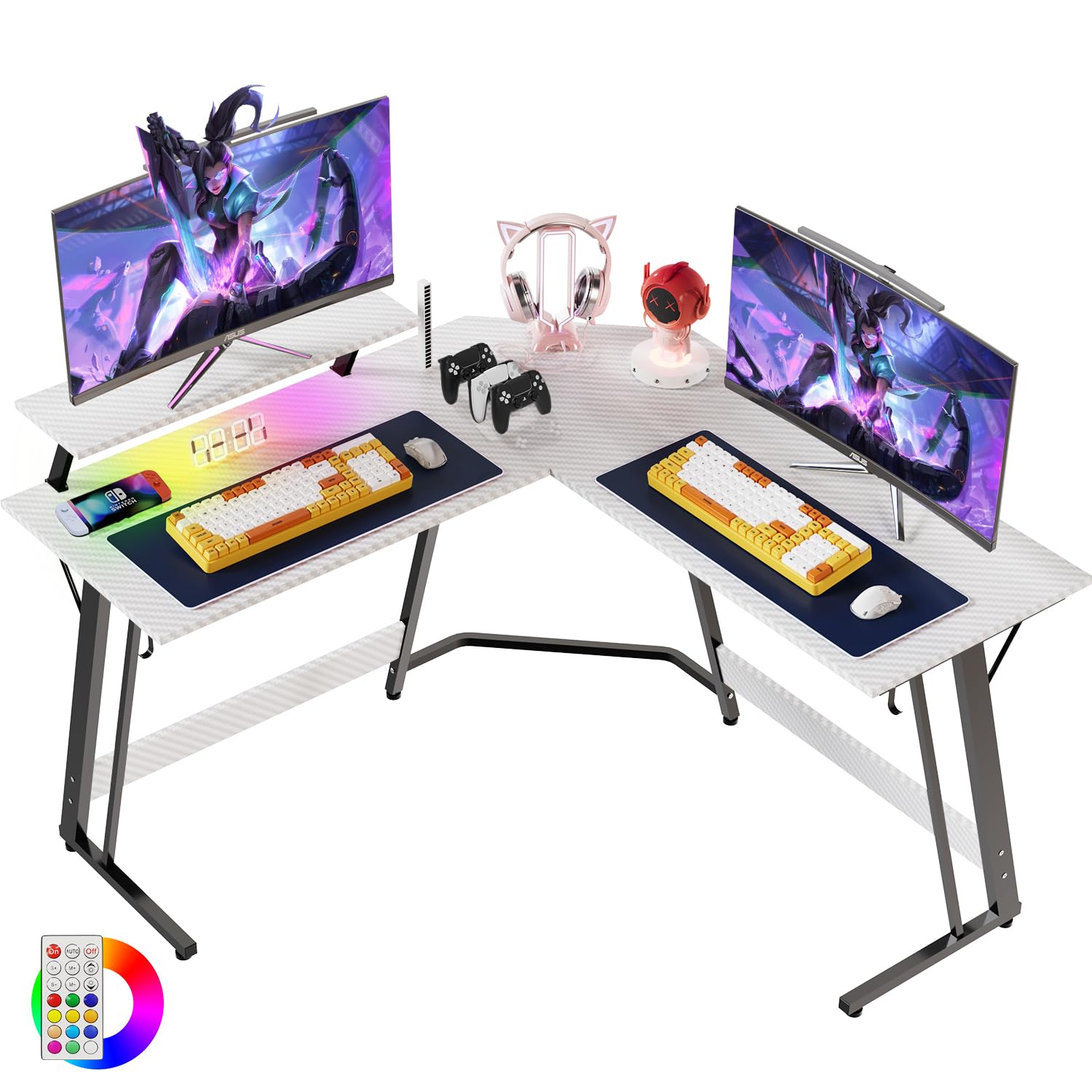 Devoko Mesa de Gaming con LED, Escritorio de Gaming en Forma de L 130×130 cm con Soporte de Monitor, Escritorio de Ordenador para Escritorio y Juego, Escritorio Gamer en Fibra de Carbono Blanco