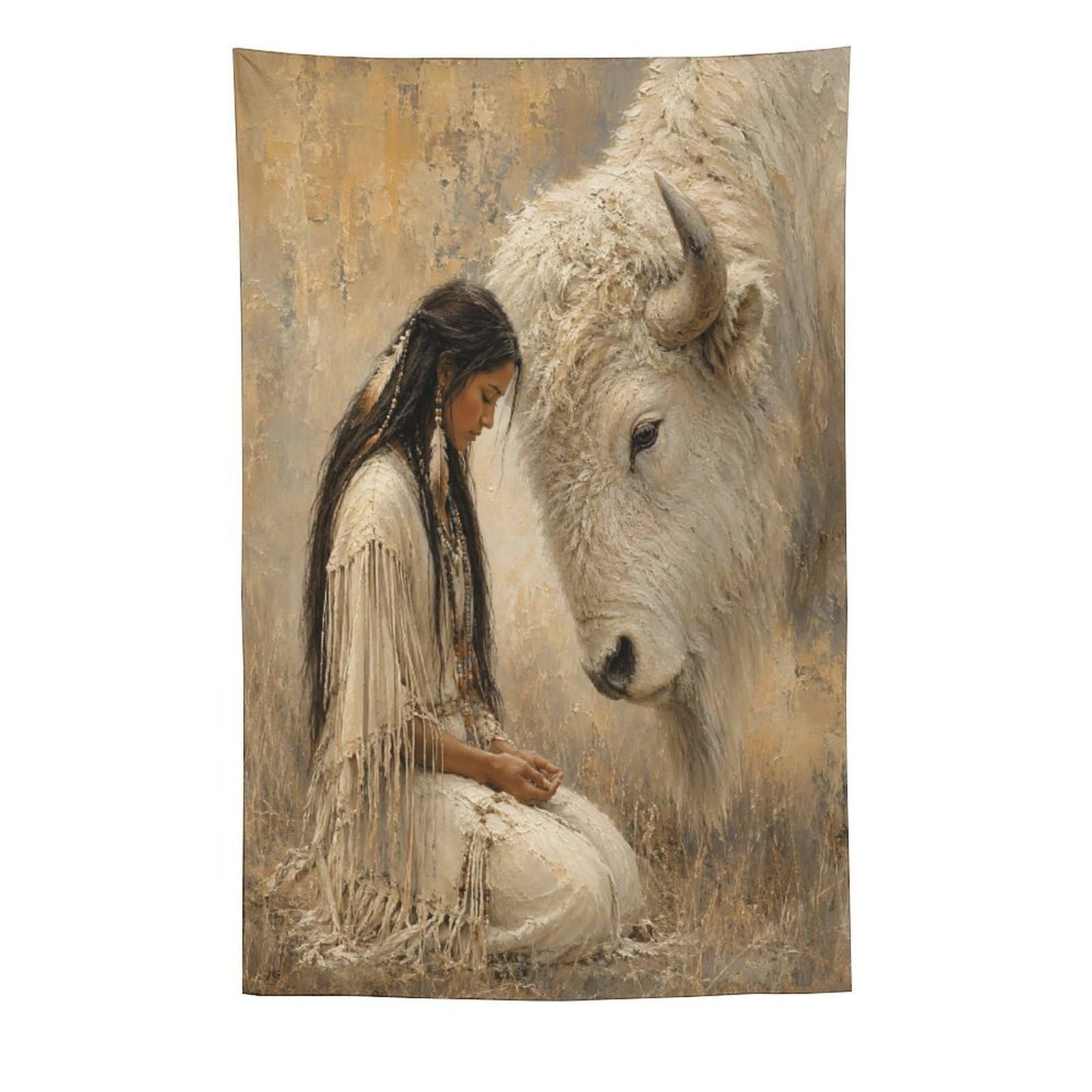 H3B8U2Y5 White Buffalo Woman Oil Style Wall Tapestry, Native Prairie Legend