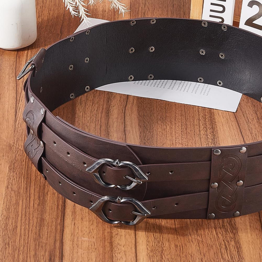 GORGECRAFT Wide PU Leather Viking Embossed Armor Belt Medieval Knight Corset Belt Adjustable Renaissance Vintage Dark Brown Leather Waistband with Buckles for Men Women LARP Halloween Ren Faire - Image 7