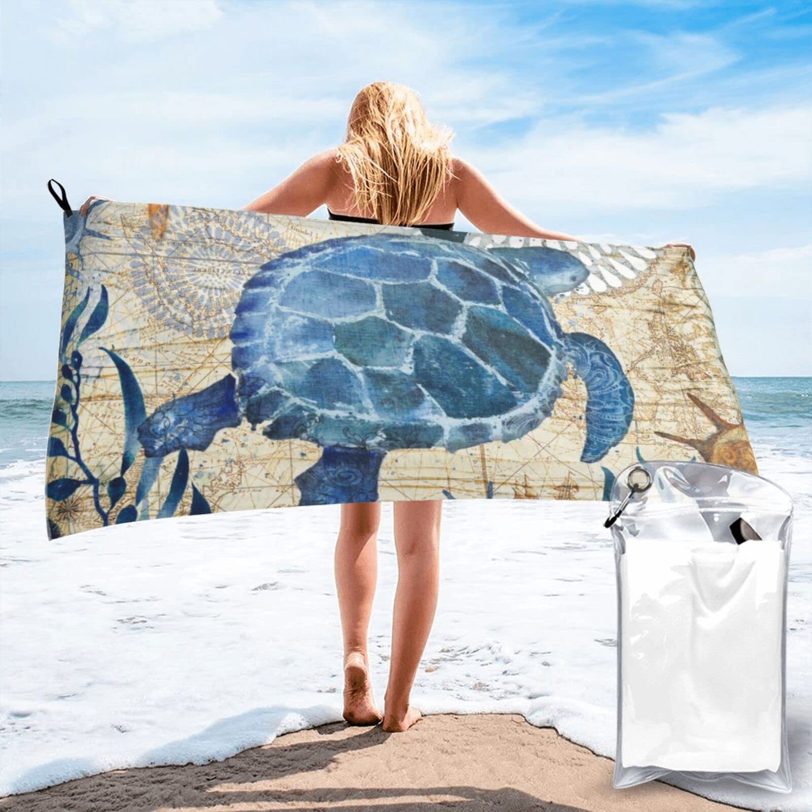 Lawenp Sea Turtle and Starfish Microfiber Beach Towel Adults Large Quick Drying Bath Towel Travel Towels with Pouch 31.5"x63"