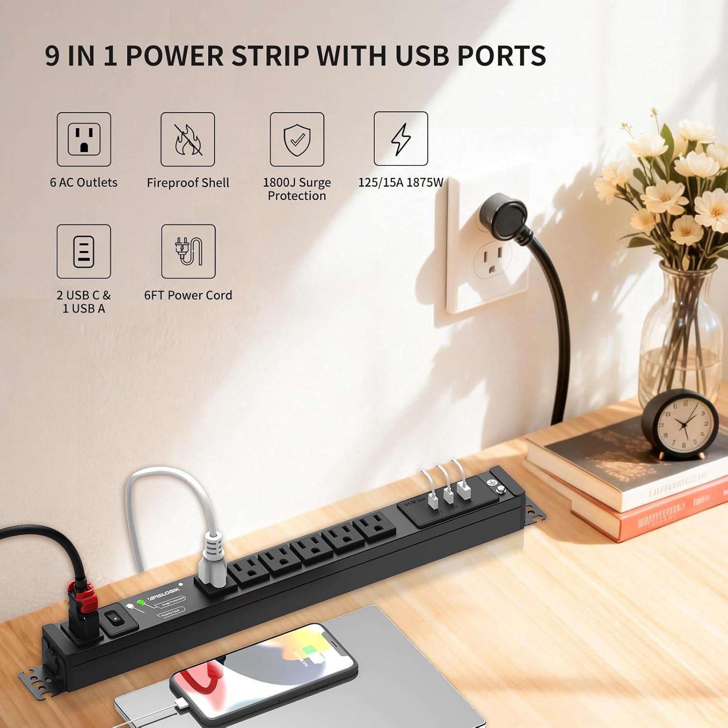 Surge Protector Power Strip, 6 Outlet Mountable PDU Power Strip with Switch, 65W Fast Charging 3 USB Ports, Heavy Duty Power Strip Surge Protector 1800J, 6 Feet Auto Lock Extension Cord, 15A/1875W