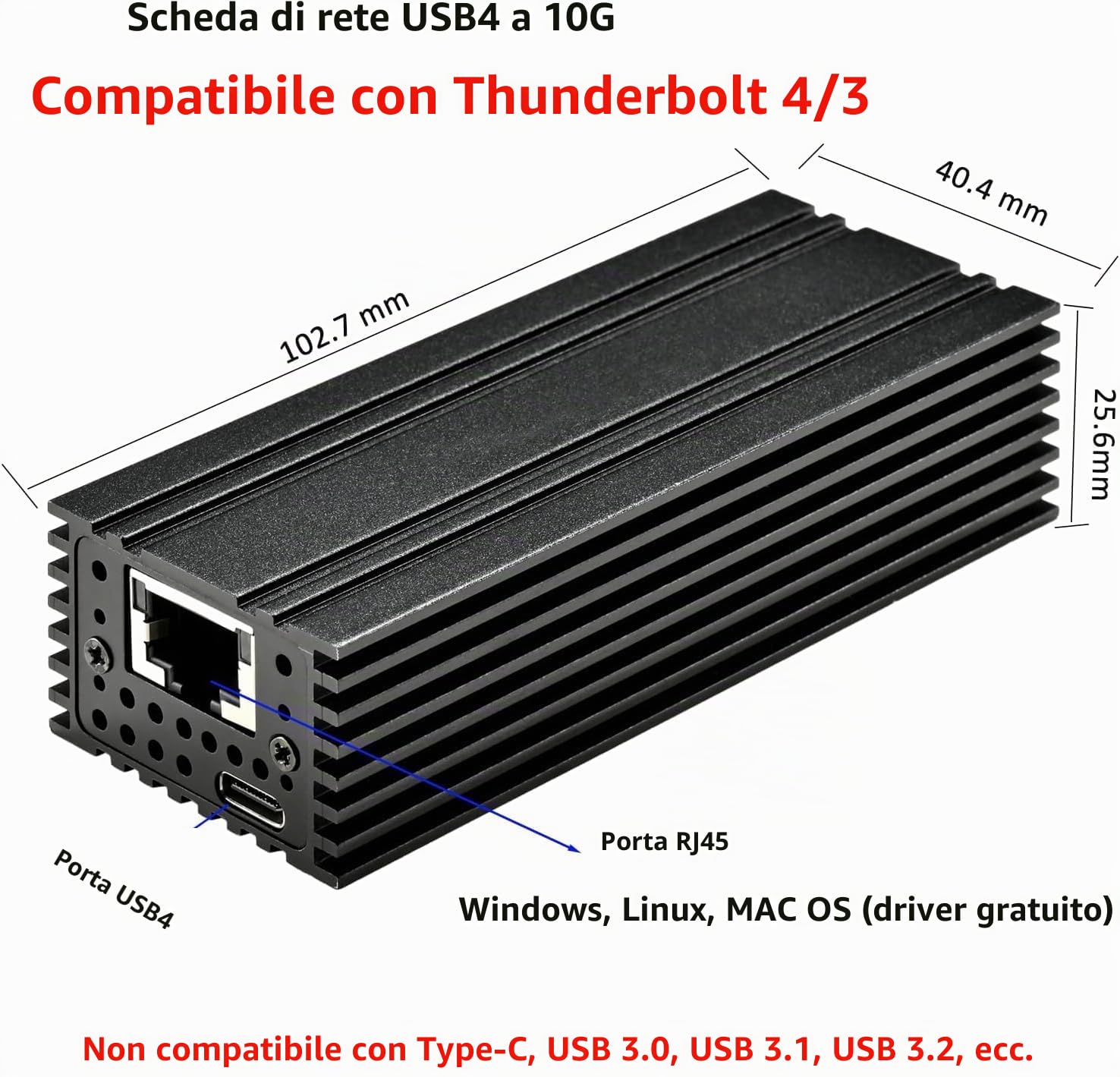 IO Crest Adattatore Ethernet USB 4.0 Tipo C 10G, per connessioni di rete ad alta velocità, porta RJ45 compatibile con 10Gb/s, 5Gb/s, 2.5Gb/s, 1Gb/s e 100Mb/s Base-T