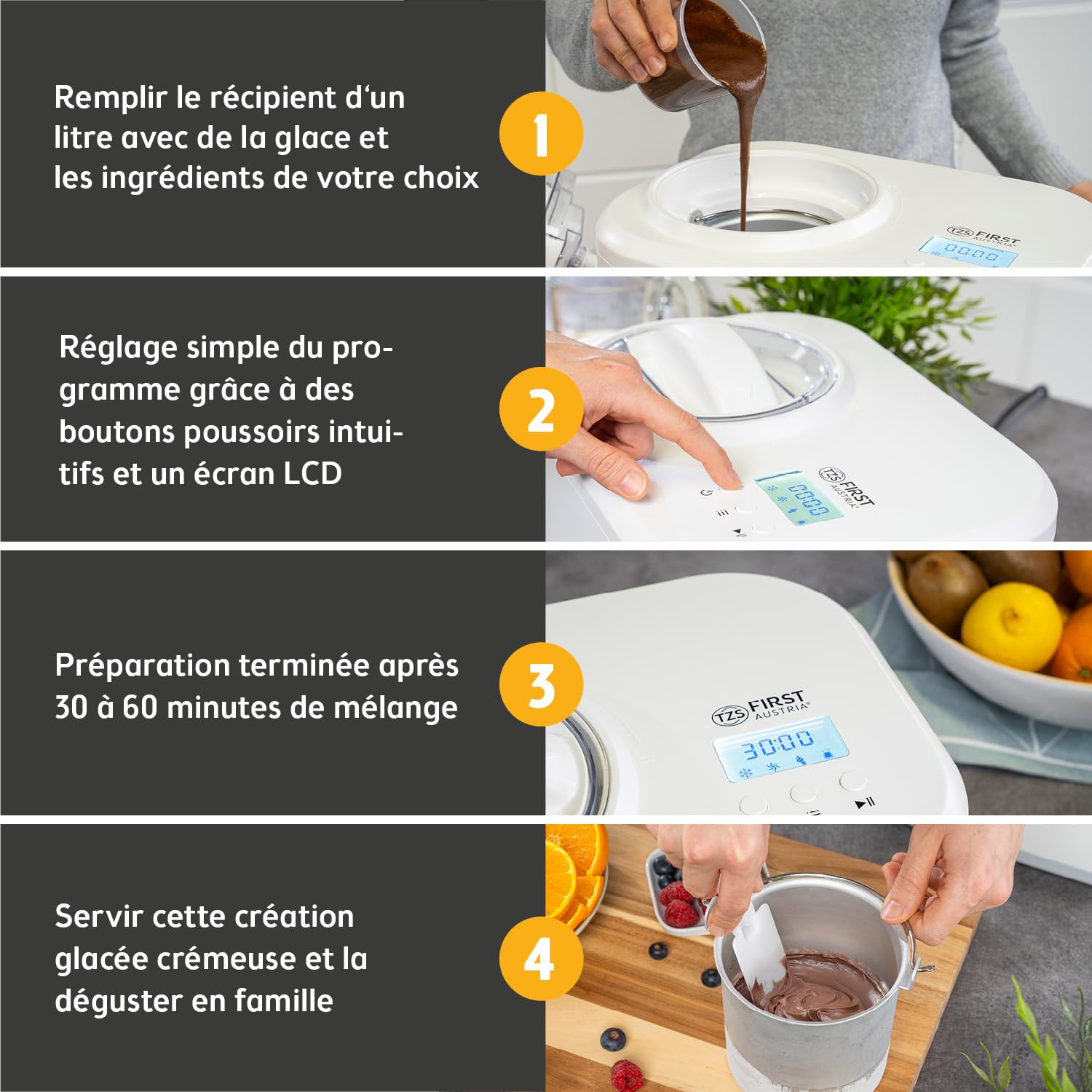 TZS First Austria - Sorbetière 1L avec Compresseur 3-en-1-100W Machine à Glace Auto-Réfrigérante - Pour Frozen Yogurt, Sorbet & Glace - Cuve Inox - Blanc