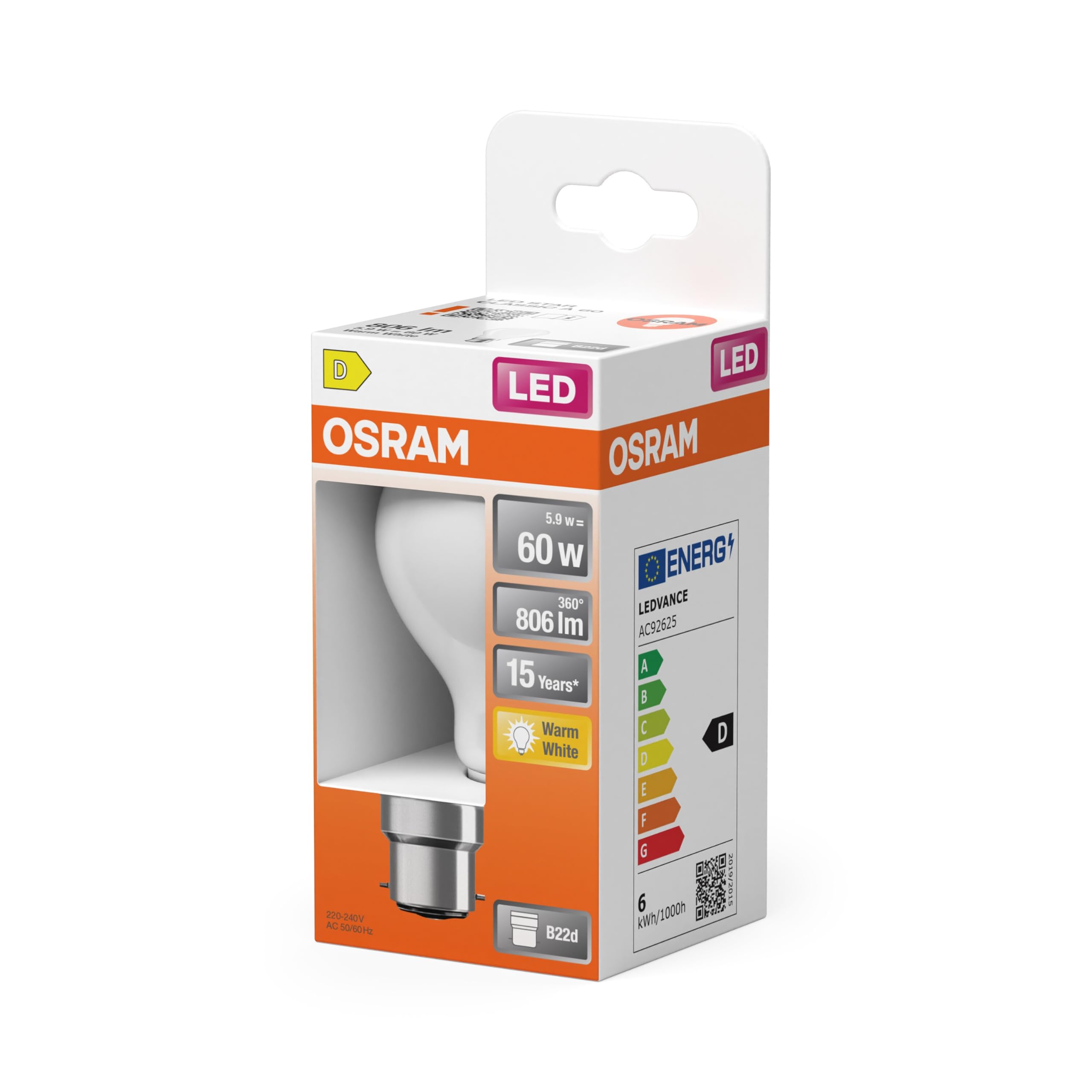 OSRAM Lámpara LED Bombilla estrella forma A 60 filamento 5,9 W Mate B22d | LED Star Classic A 60 Filament, LED Lamps, blanco, 60 mm dia, 15000 h, Paquete de 6