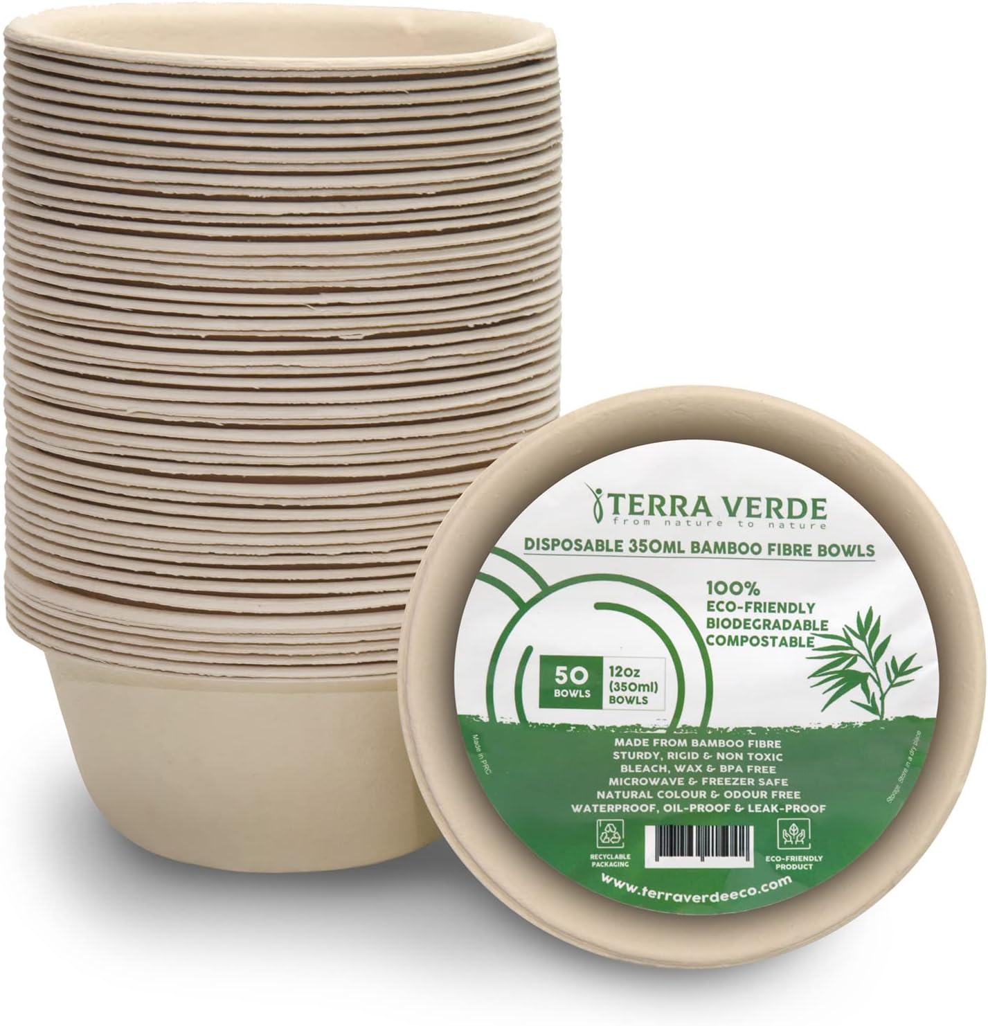 Terra Verde 50-Pack 350ml Bamboo Fibre Pulp Biodegradable Bowls, Unbleached Brown, Odour-Free, Strong, Food-Safe, Leak-Proof, Microwave-Safe Disposable Tableware for Soup, Salads, Desserts & Snacks