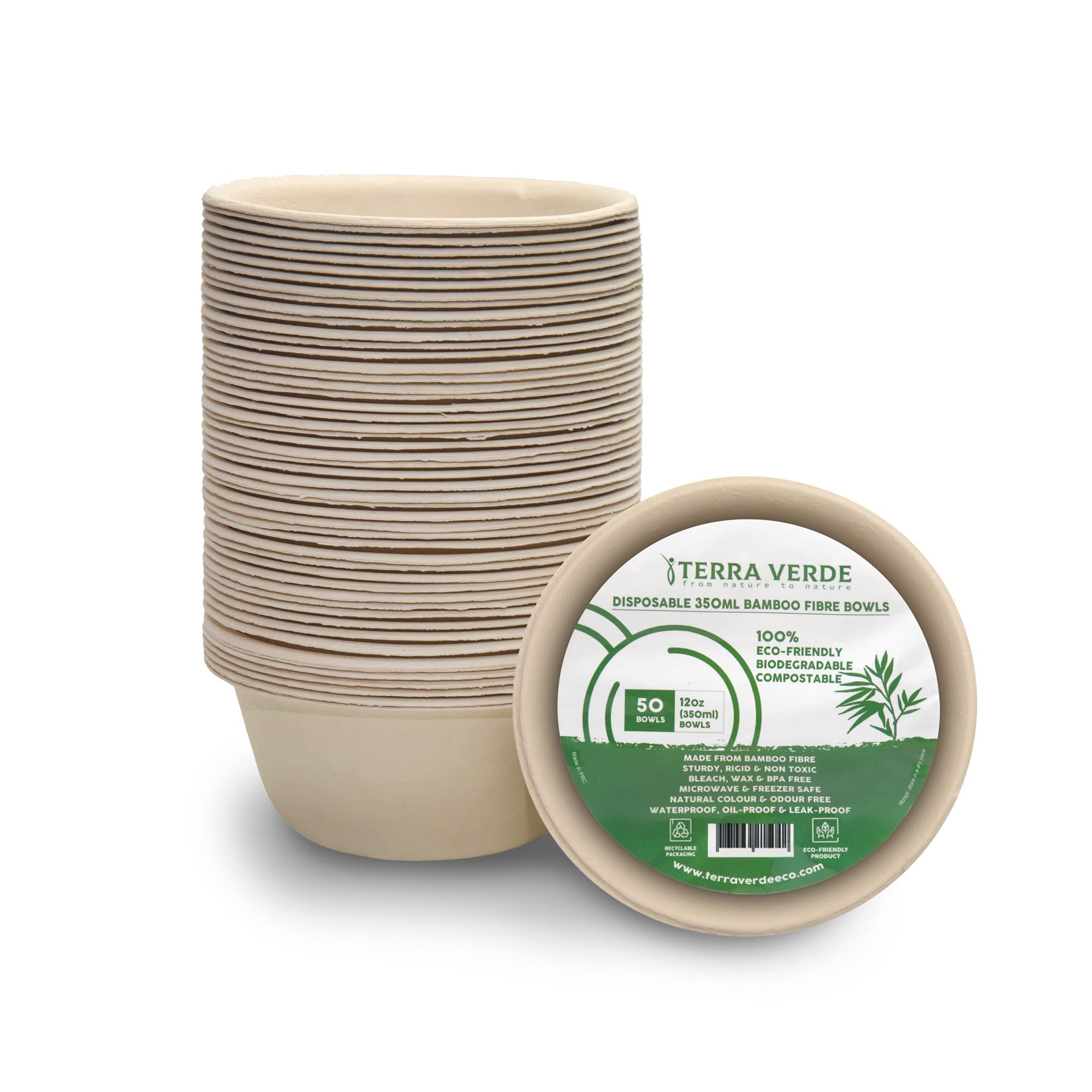 Terra Verde Disposable Bamboo Fibre Paper Dessert Bowls l 350ml Unbleached Natural Brown l Pack of 50 l Compostable Biodegradable Eco Friendly Extra Strong for Salad, Soup, Hot/Cold Food, Snacks