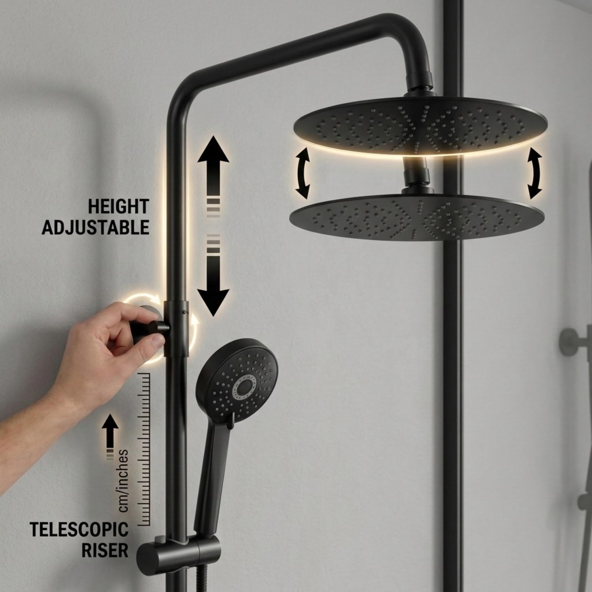 ARKO - Miscelatore termostatico con rubinetto per vasca da bagno, set doccia a pioggia e portatile, sistema termostatico per vasca e doccia (rotondo, nero)