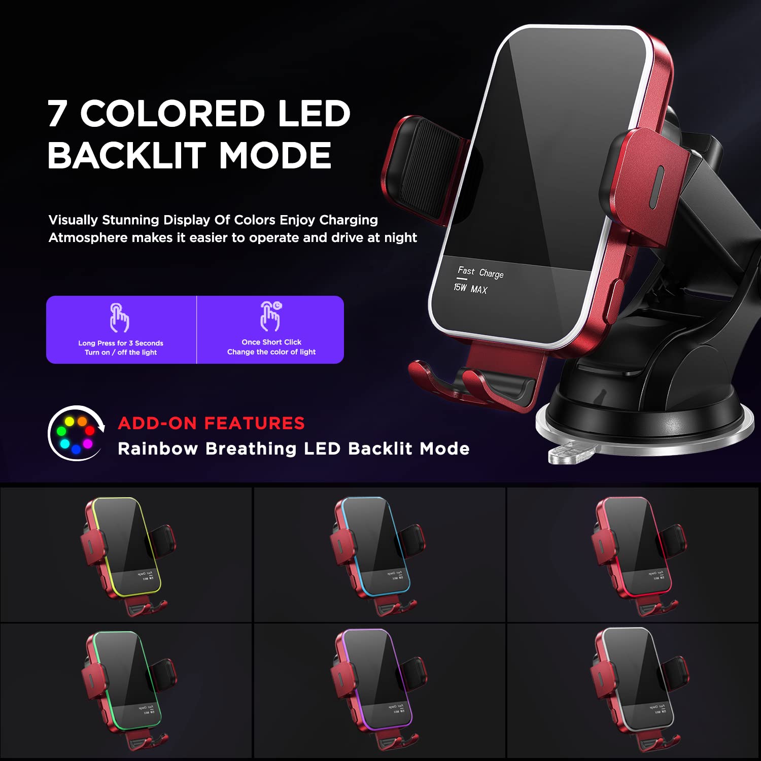 Bezprzewodowa ładowarka samochodowa, 7 kolorowych podświetleń RGB: Mosurr 15 W Auto zacisk ładowarka samochodowa uchwyt do telefonu pasuje do iPhone'a 15 14 13 12 Mini Pro Max 11 XR XS, Samsung Galaxy
