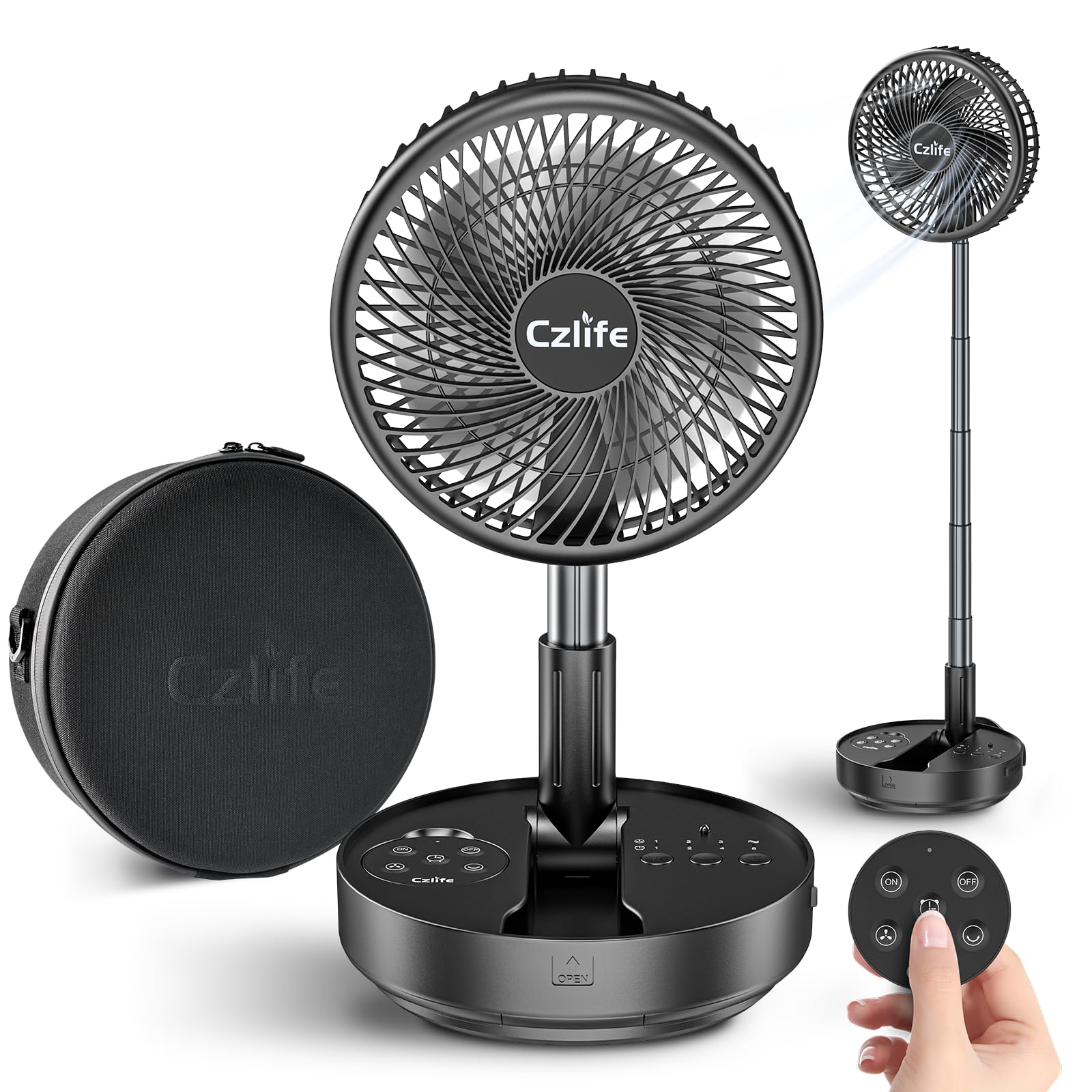 Czlife F9 Ventilador portátil, 10000 mAh, recargable, alimentado por batería para viajes, dormir, camping, dormitorio, al aire libre, escritorio de suelo, ventilador USB inalámbrico con control remoto