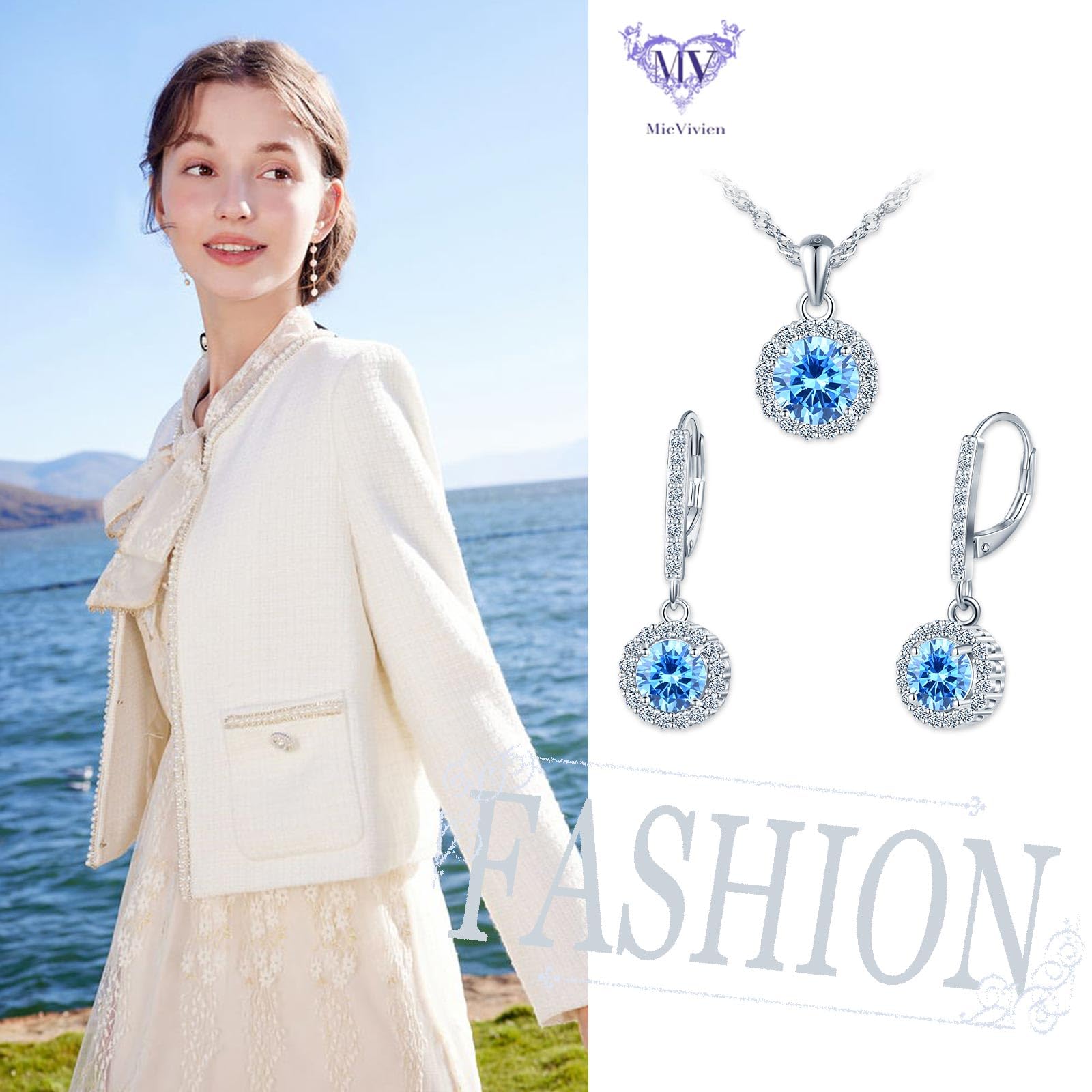 Set di collana e orecchini da donna con zirconi rotondi in argento 925, colore blu