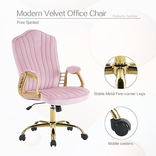 Miniatura 9 de Silla de oficina en casa de terciopelo con brazos y patas dorados, cómoda silla de escritorio giratoria tapizada y capitonada, cómoda con ruedas