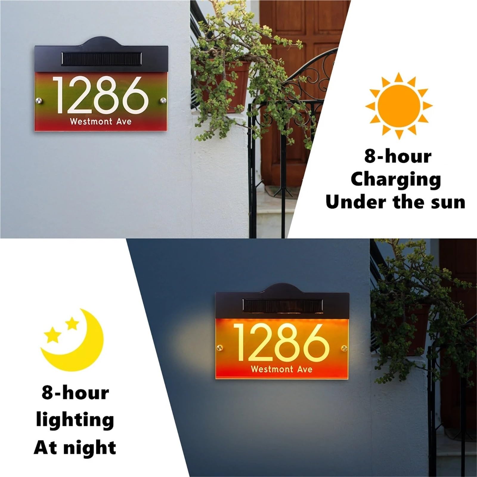 Letrero solar personalizado for número de casa - Placa de entrada acrílica con luz LED - Dirección personalizada - Envío directo
