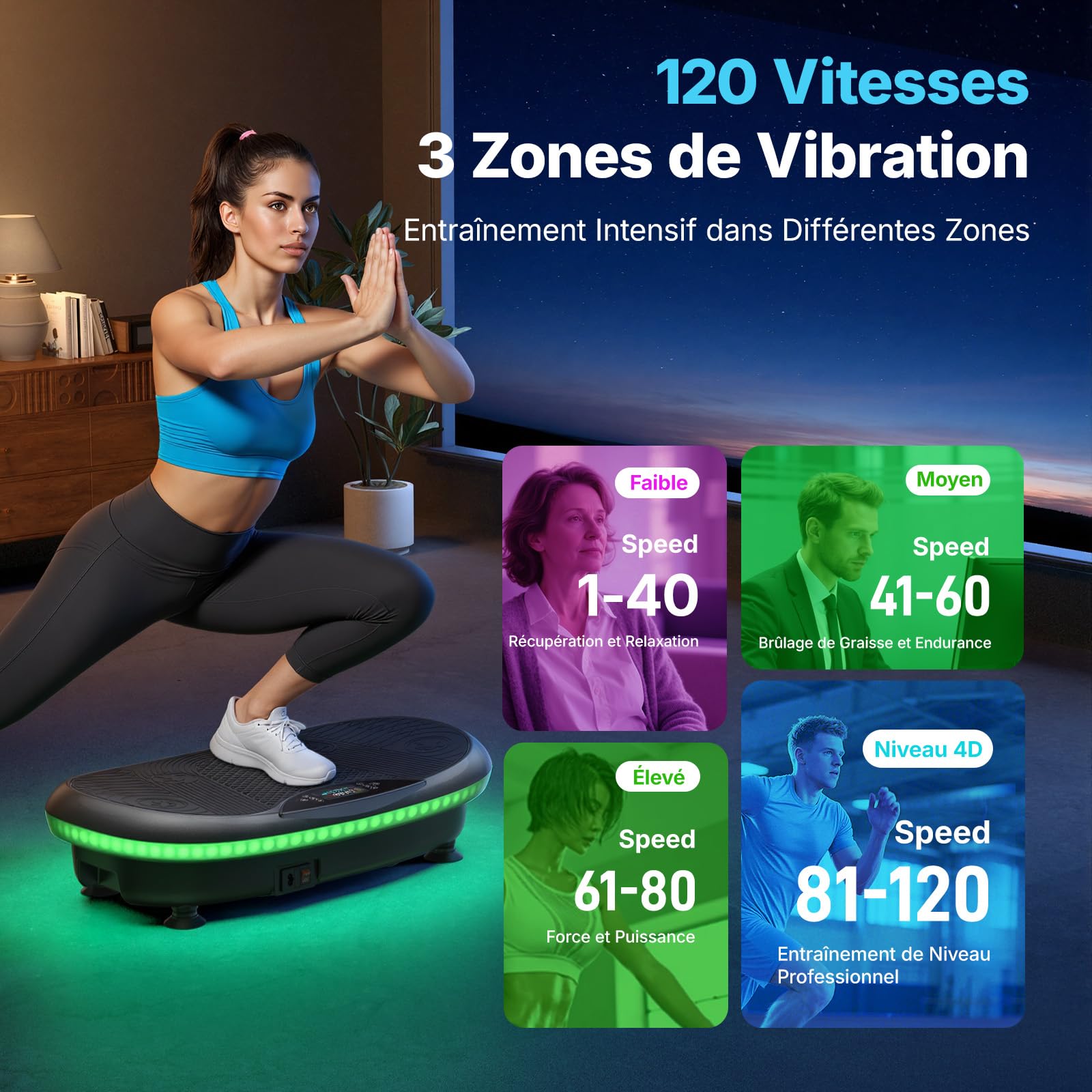 MERACH 4D Plateforme Vibrante 7 Modes Vibration 120 Niveaux Vitesse 5 Programmes Intelligents Haut-Parleur Bluetooth Intégré