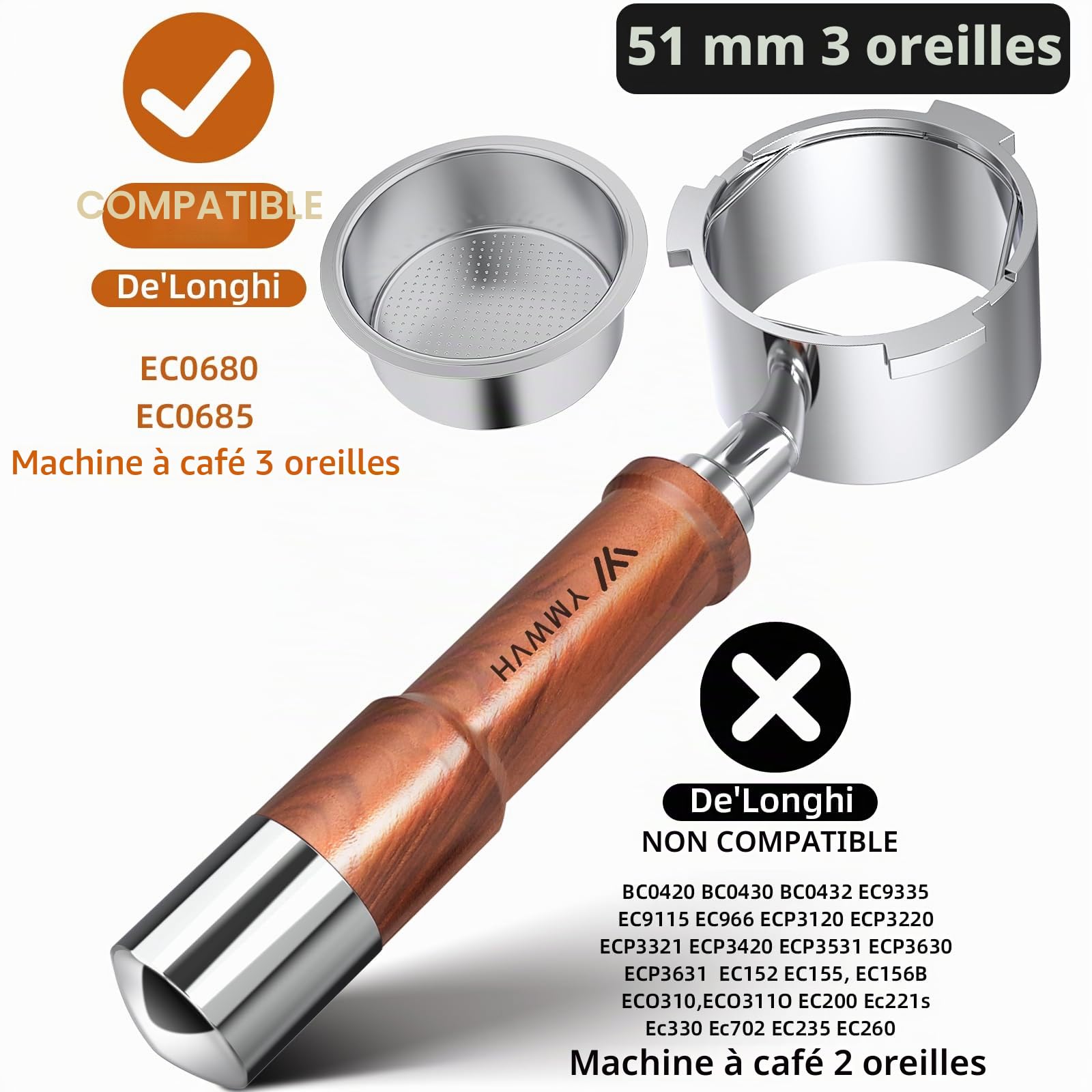Porte-filtre expresso sans fond à 3 oreilles, 51 mm, acier inoxydable de qualité supérieure, compatible Delonghi EC680/EC685, écran et panier inclus