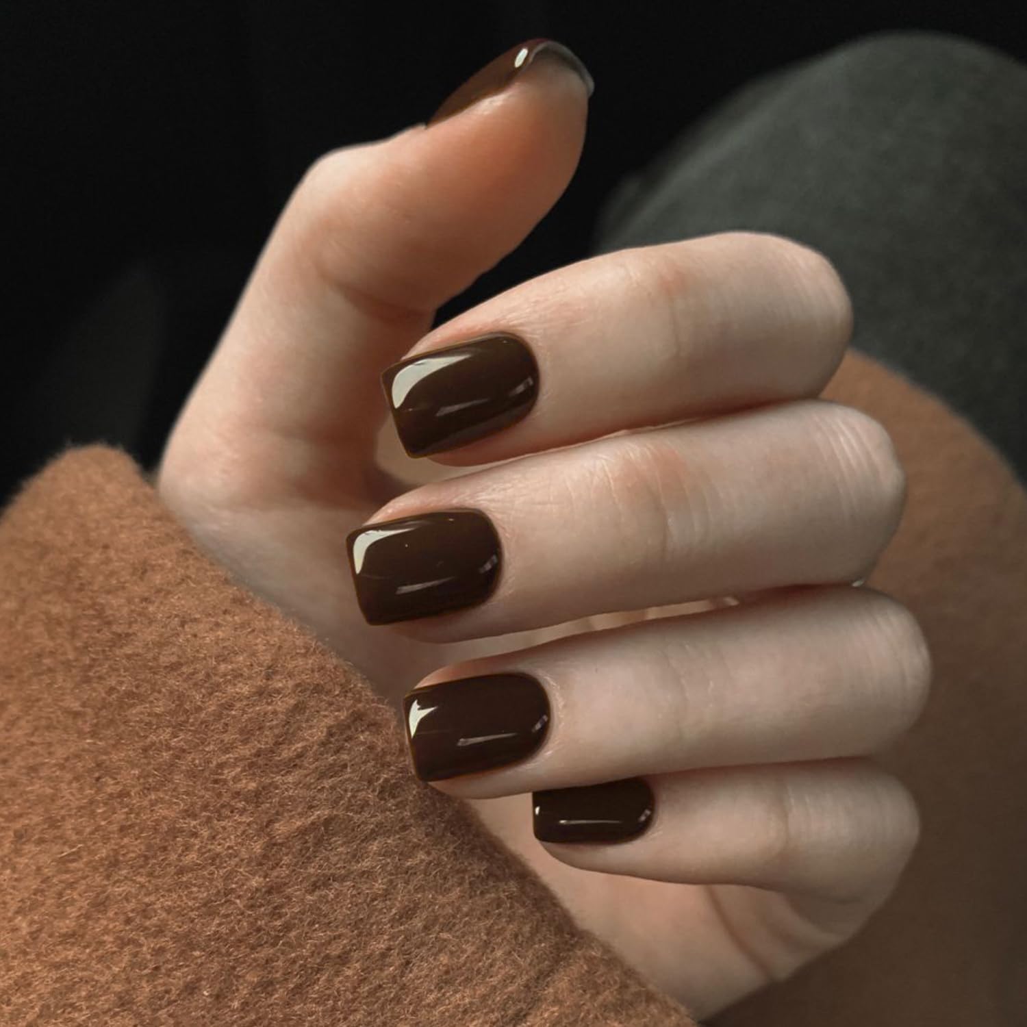 SXVME Dark Brown Press on Nails Short Square Acrylic Short False Nails Coffin Natural Acrylic Fake Nails Set Coffee Solid Color Full Cover Glossy Gel Stick on Nail for Women Fall Winter 24 Pcs - Image 3