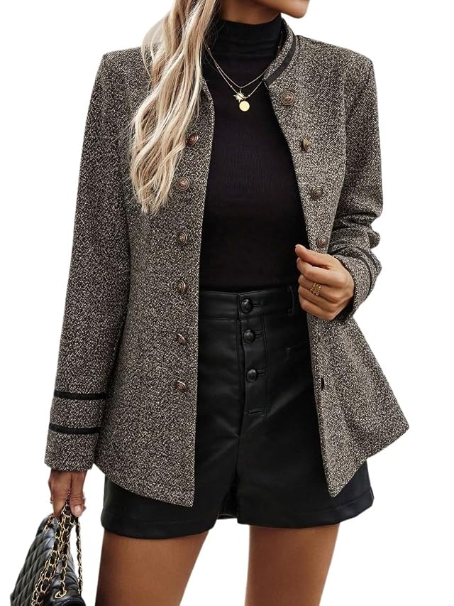 Womens Casual Jacket Blazer Double-Breasted Long Sleeve Casual Regular Blazer Stand Collar Office Coat
