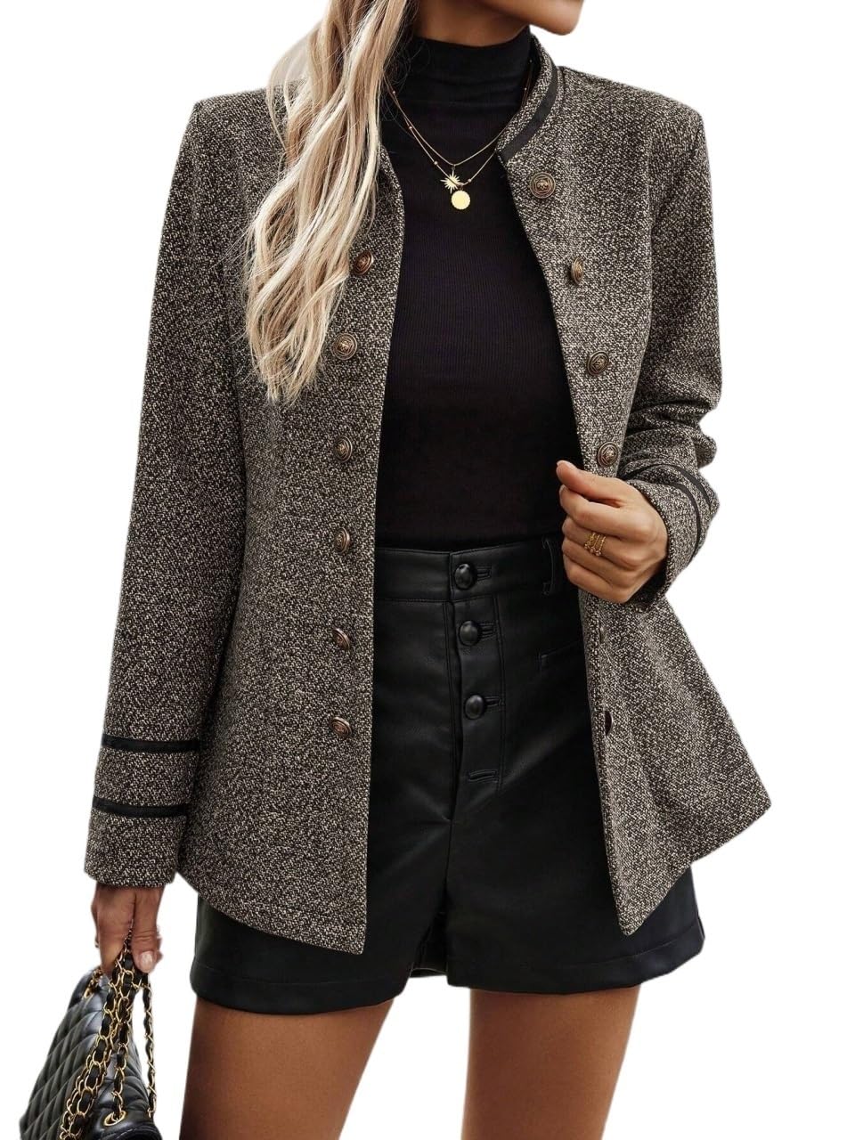 Womens Casual Jacket Blazer Double-Breasted Long Sleeve Casual Regular Blazer Stand Collar Office Coat
