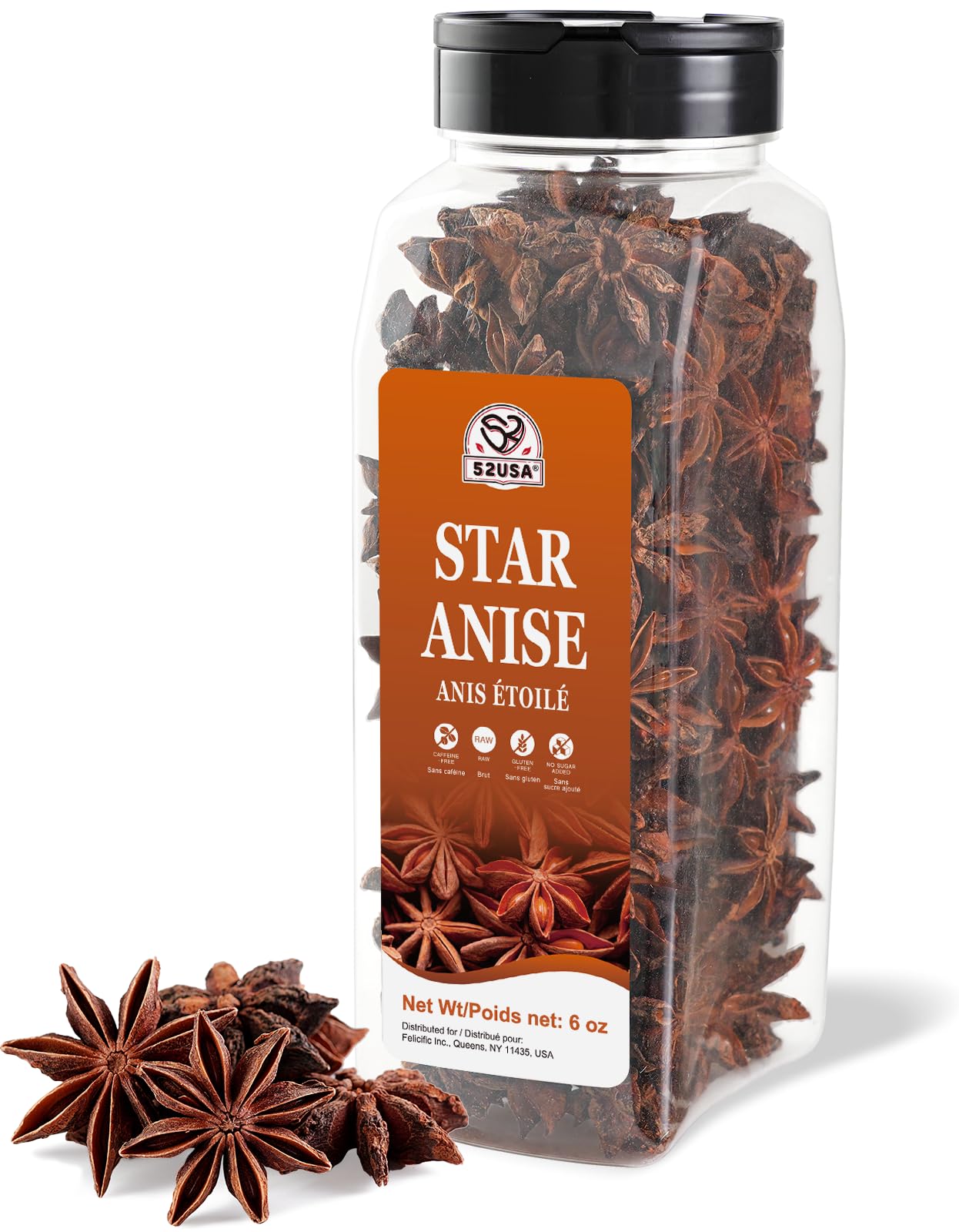 52USA Star Anise, 170.1g(6온스) - 병에 담긴 전체 건조 스타 아니스 포드, 요리, 베이킹 및 차를 위한 아로마 향신료