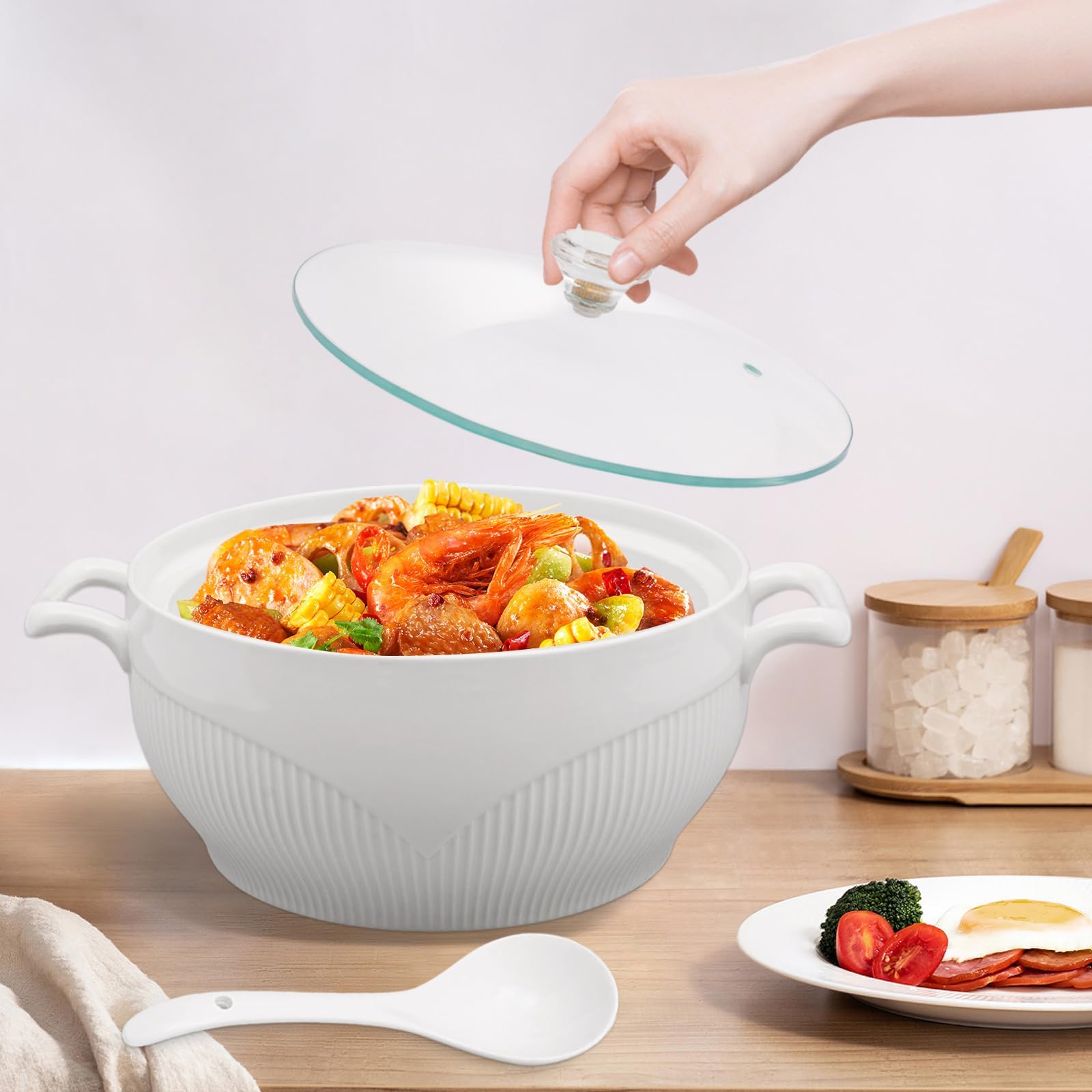 Suppenterrine aus Keramik, rund, aus weißem Porzellan, Auflaufform, Servierschüssel, dekoratives Geschirr für Suppe, Müsli, Eintopf, Chill, Miso-Suppe