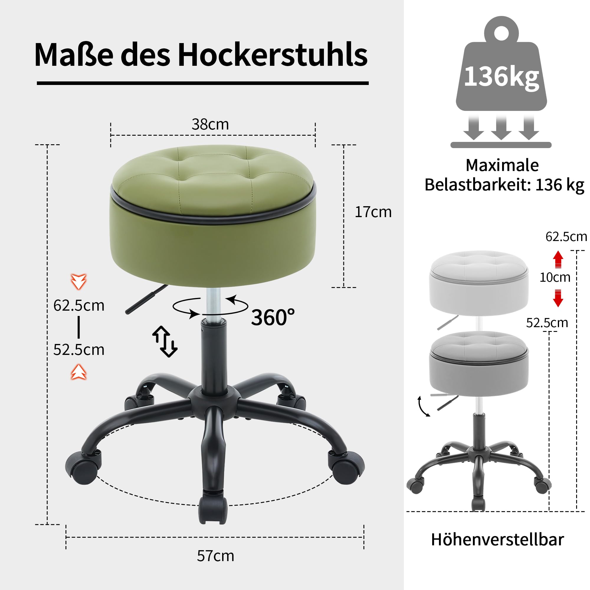 FIRAVOE Sgabelli girevoli con ruote (sedia e piccolo tavolo in uno) (sedia da barbiere regolabile 52,5–62,5 cm), sgabello ergonomico verde con vano portaoggetti