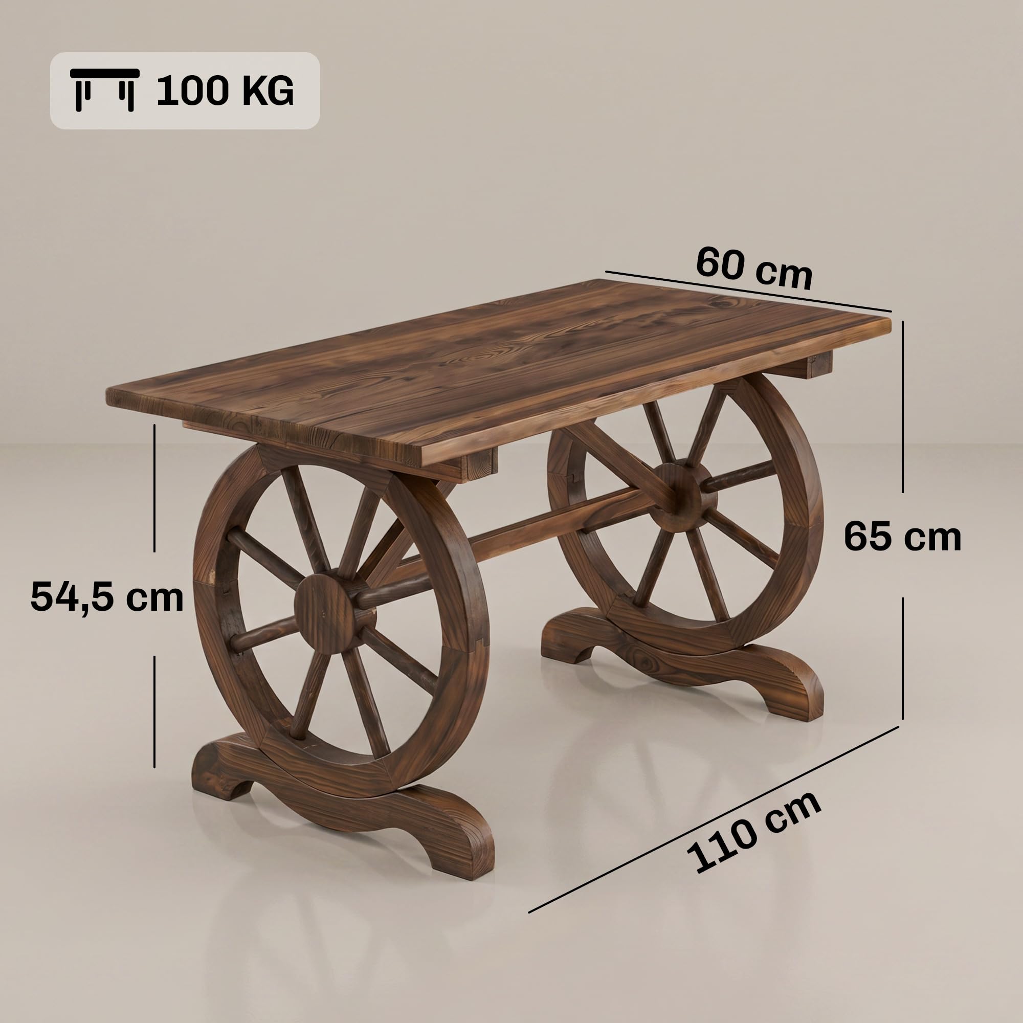 Outsunny Mesa de Jardín de Madera con Patas en Forma de Rueda, Mesa de Terraza Exterior, 110x60x65 cm, Carga Máxima 100 kg, para Patio, Exterior, Madera Carbonizada