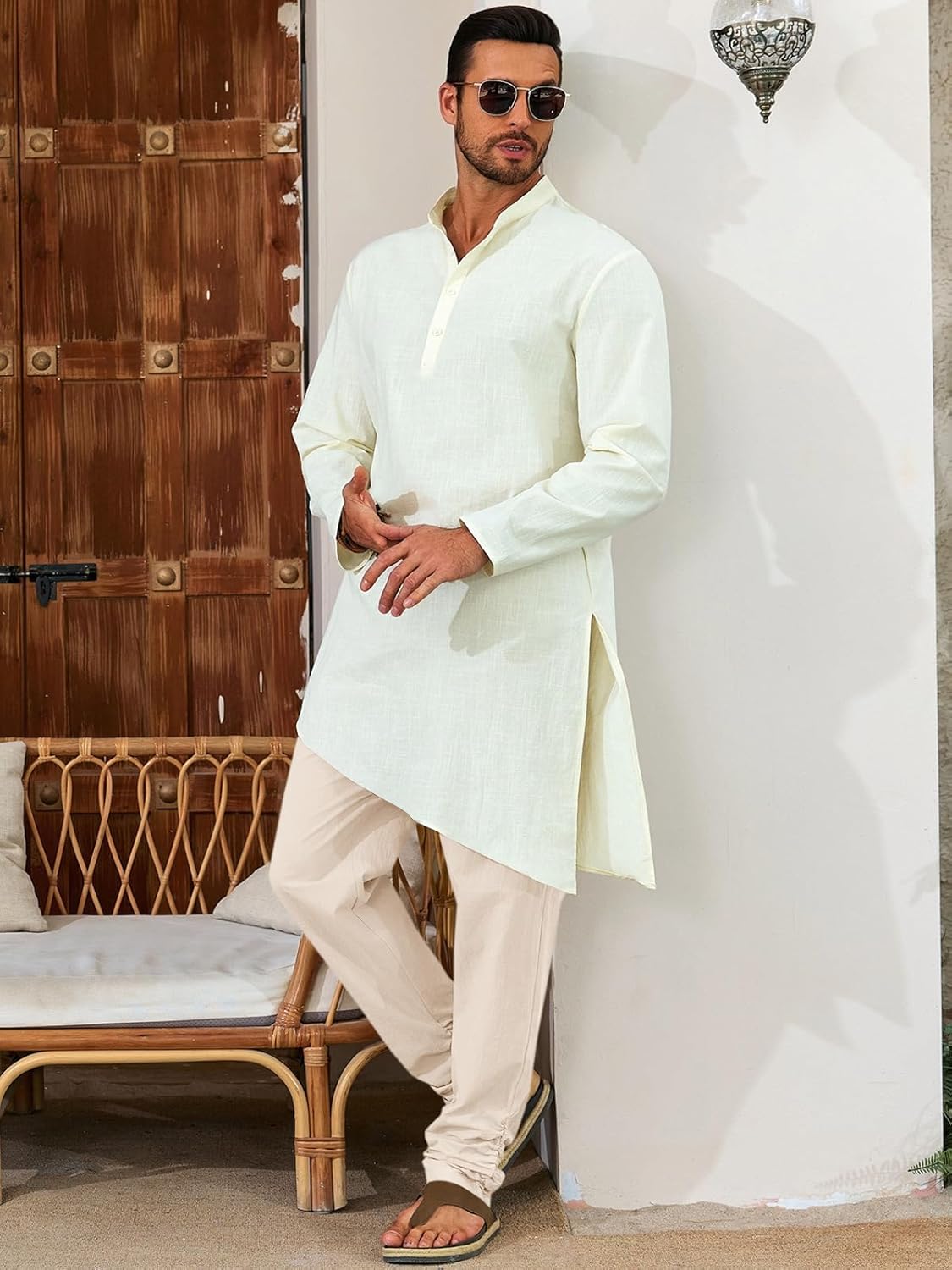 Runcati Mens Kaftan Thobe Pants Cotton Casual Elastic Waist Drawstring Muslim Trousers Summer Yoga Kurta Pants with Pockets - Image 4