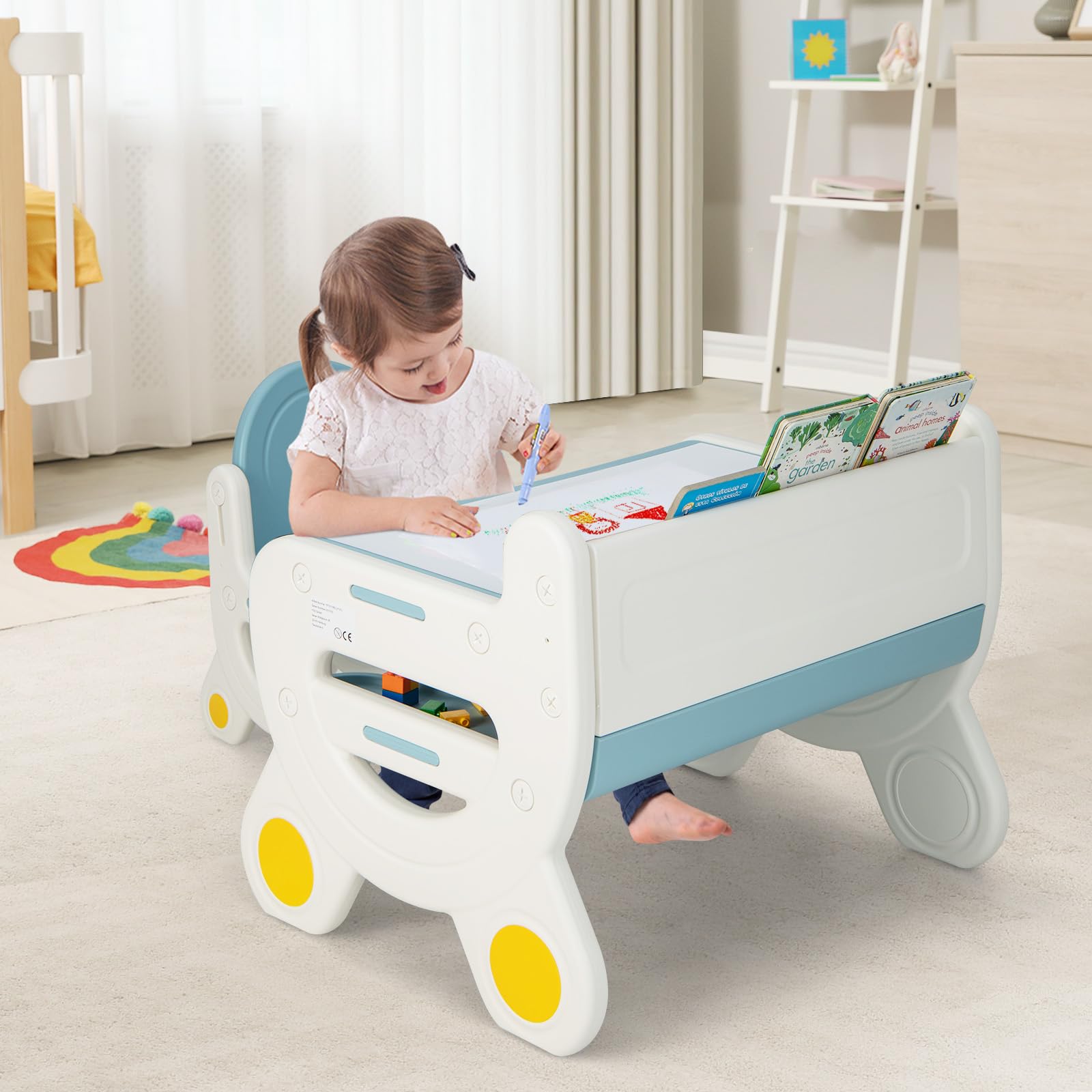 LIFEZEAL Stolik kawowy dla dzieci, stolik i krzesła dla dzieci, z wymazywaną tablicą, półką, regałem, ergonomicznym oparciem, stołem dziecięcym, z tworzywa sztucznego, zestaw dla dzieci w wieku 3-8