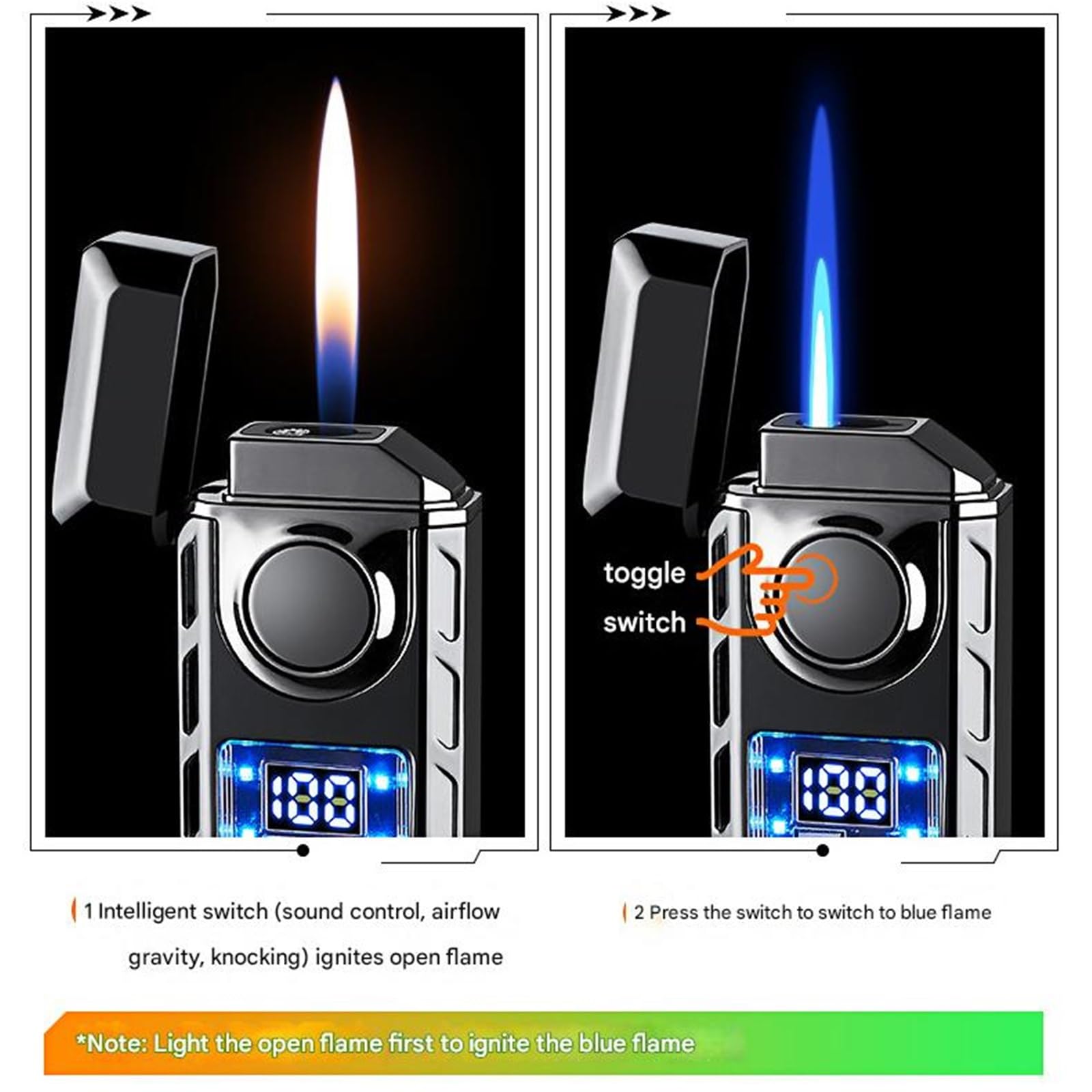 Briquet double flamme coupe-vent Jet & flamme douce rechargeable Butane Flamme réglable Affichage LED Parfait pour camping, barbecue, utilisation en extérieur, interrupteur de sécurité