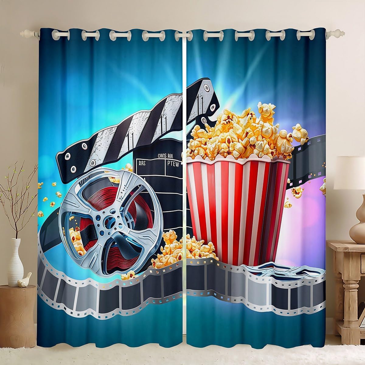 Erosebridal Movie Theater Theme Curtains Vintage Cinema Blackout Curtains,Popcorn Cola Curtains & Drapes Filmstrip Printed Decorative Window Curtains 84"X84",Movie Theater Cinema Personalized Decor