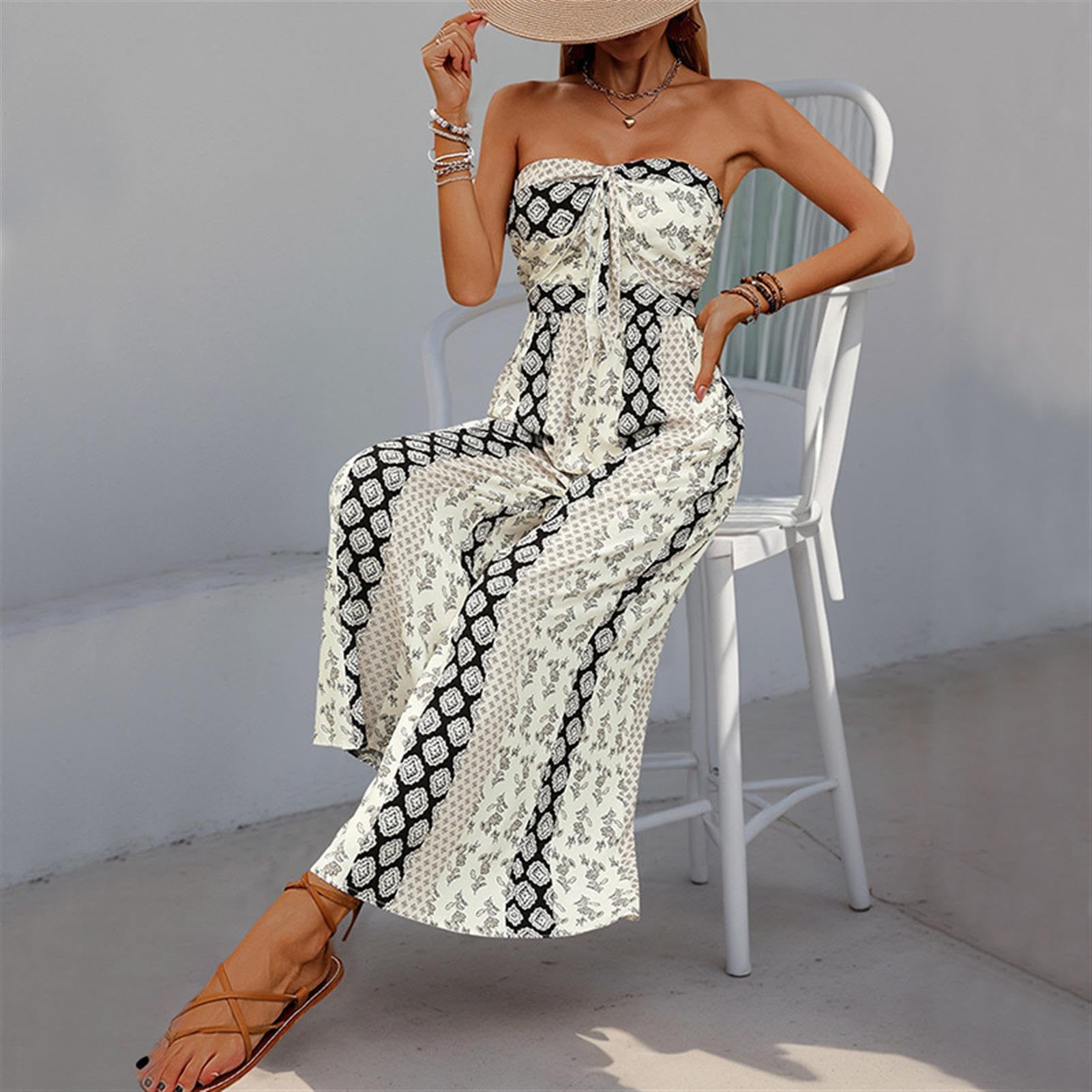 Boho monos de las mujeres - Floral sin mangas tubo mono, cintura alta pantalones largos para trajes de verano